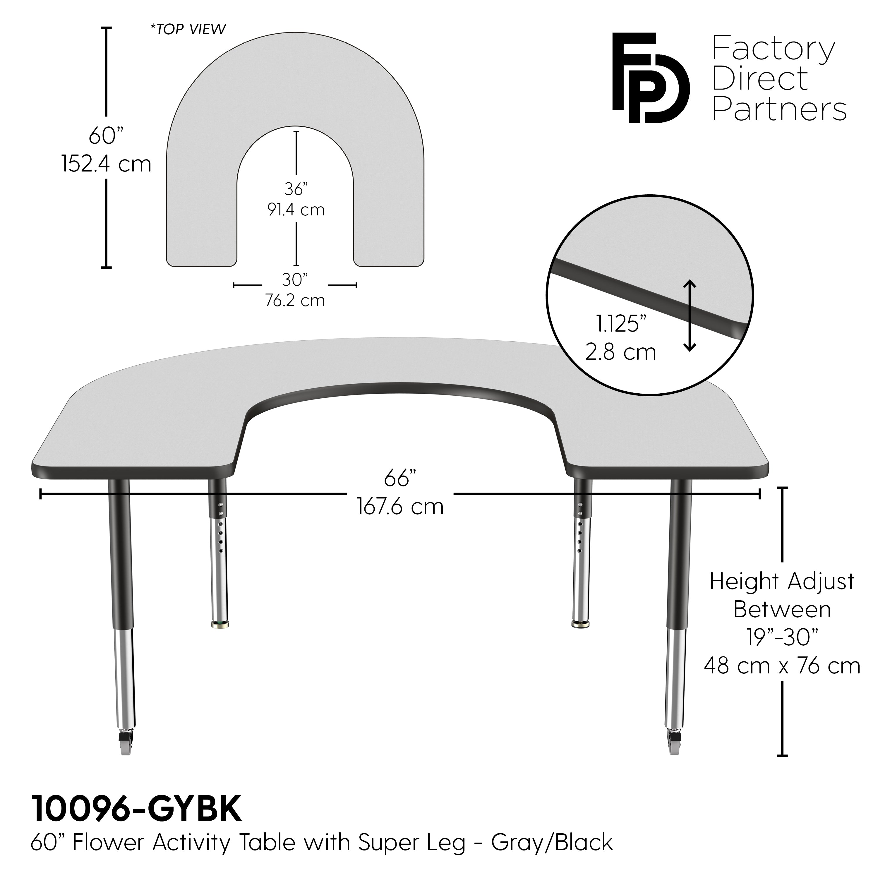 60" x 66" Horseshoe T-Molding Activity Table with Adjustable Super Legs - Gray/Black