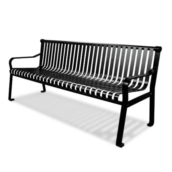 6' Courtyard Commercial Slatted Steel Bench w/ Backrest, Powder Coated (Black)