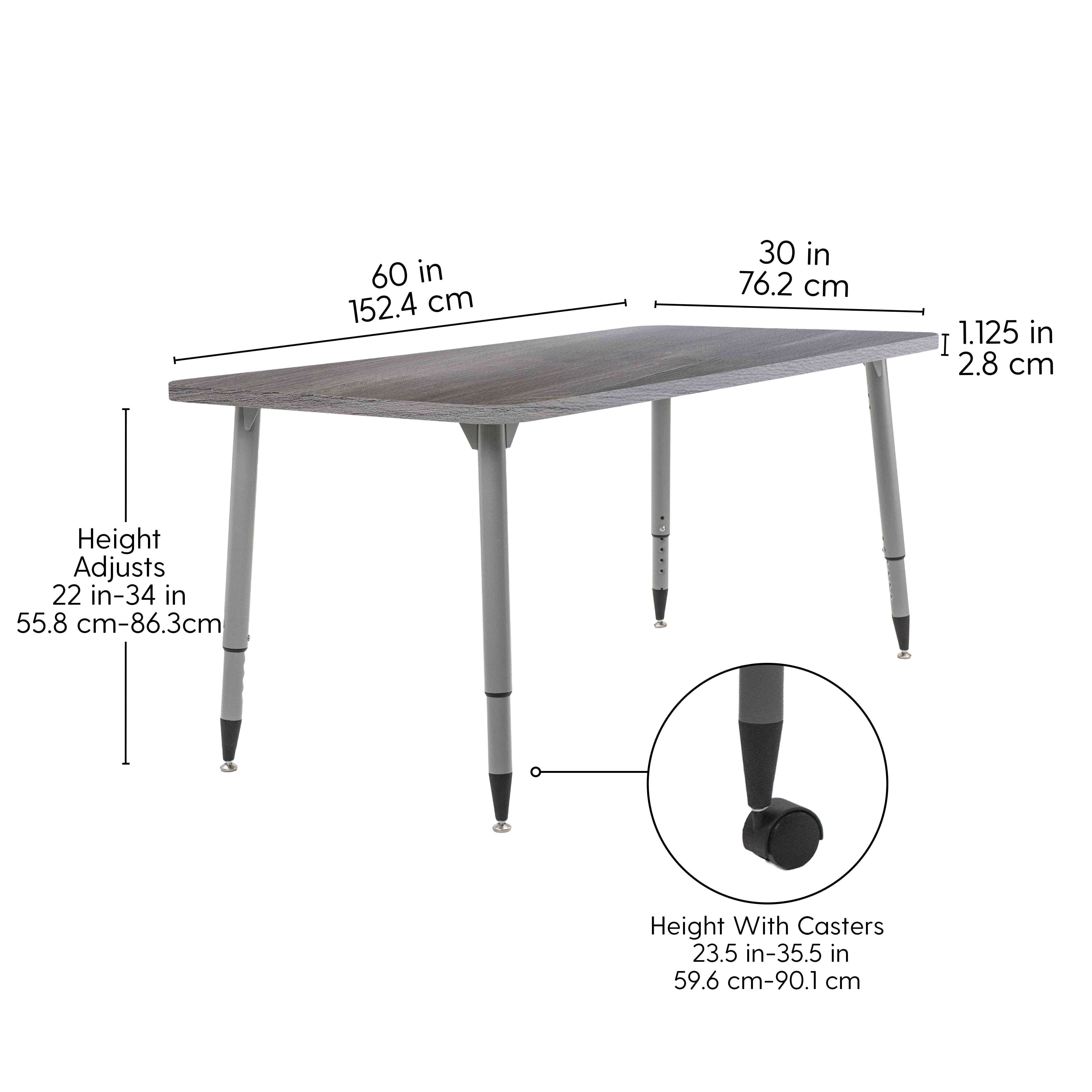 Adapte 30" x 60" Rectangle Woodgrain Activity Table with Adjustable Tapered Legs - Gray Wood/Silver