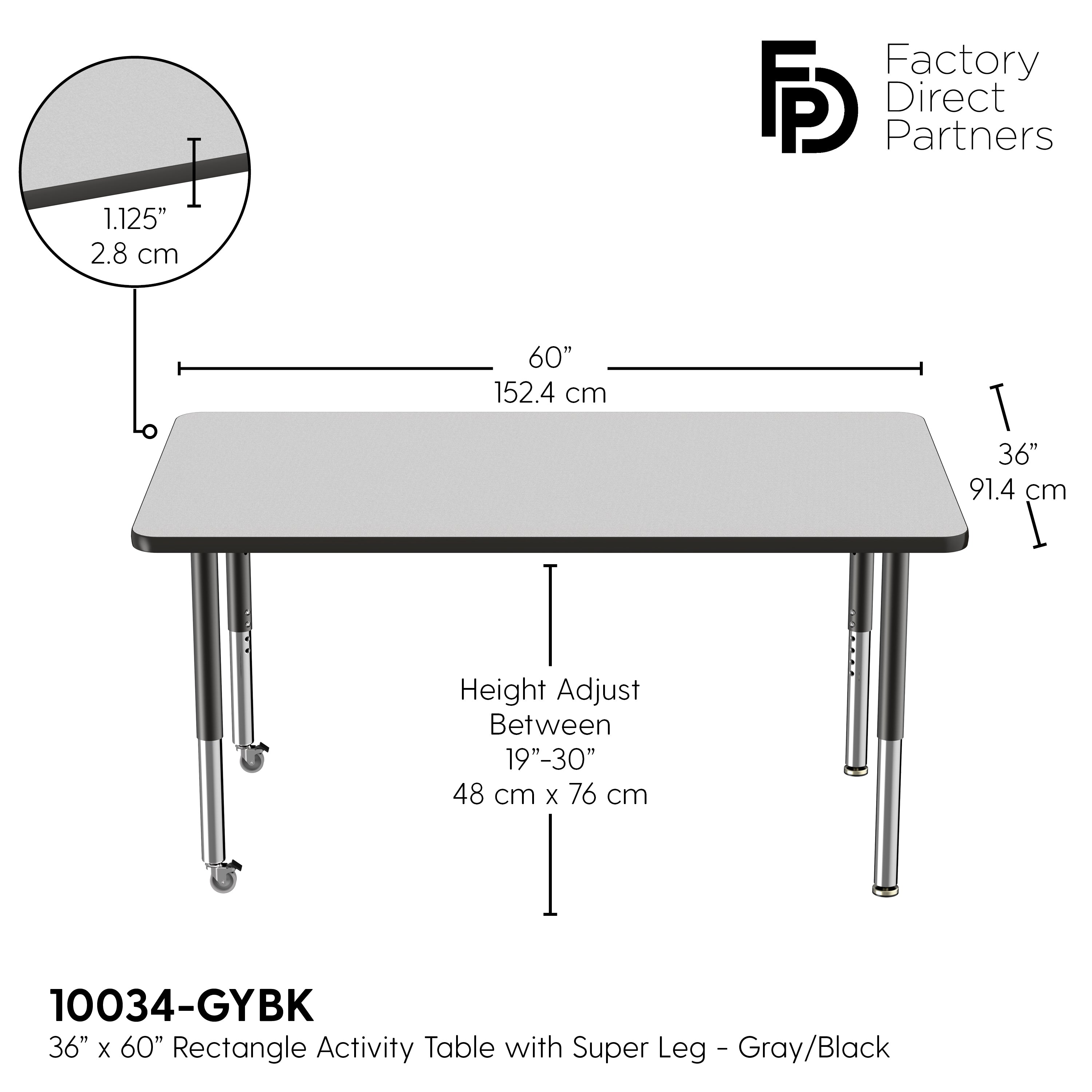 36" x 60" Rectangle T-Molding Activity Table with Adjustable Super Legs - Gray/Black