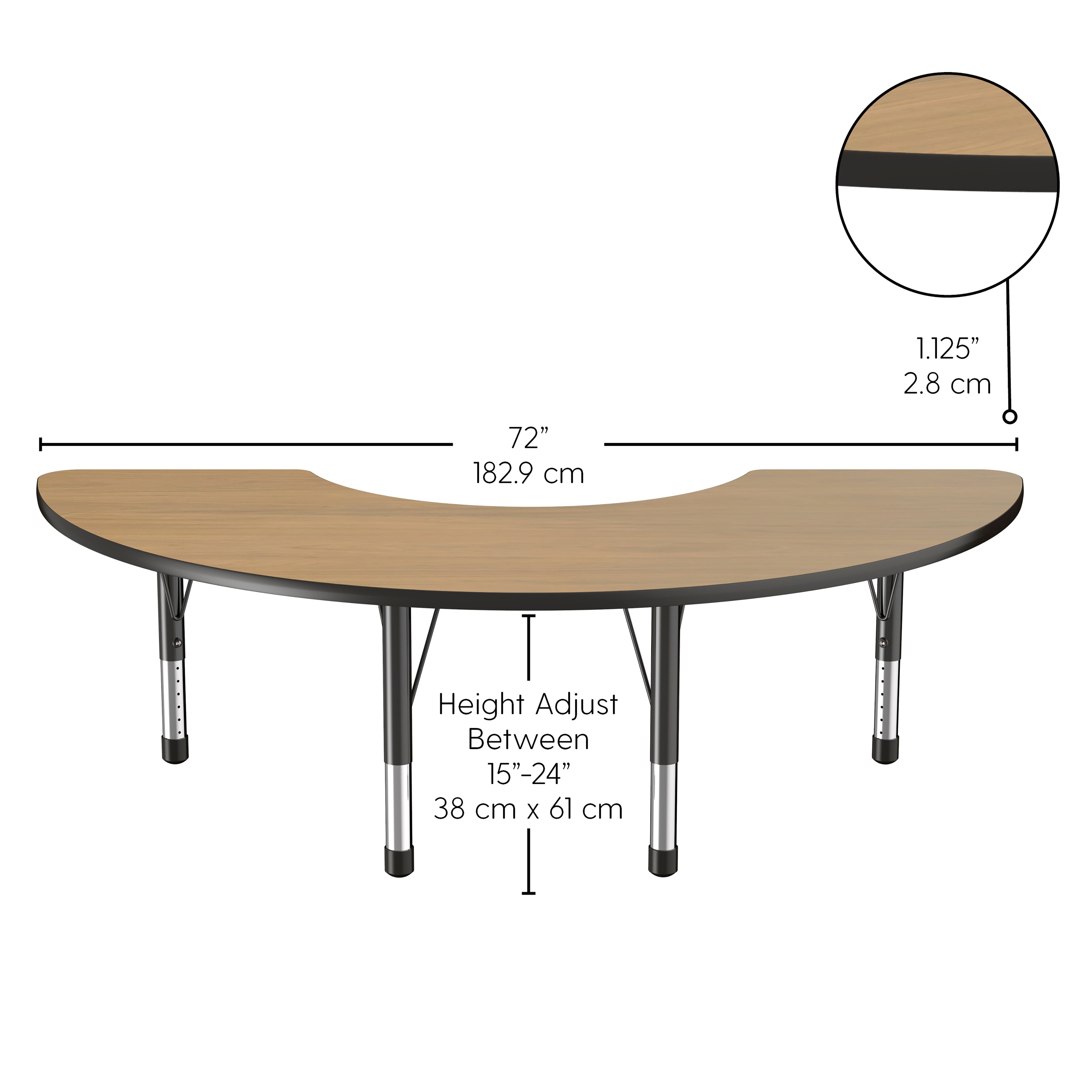 36" x 72" Half Moon T-Molding Activity Table with Adjustable Chunky Legs - Pasadena Oak/Black