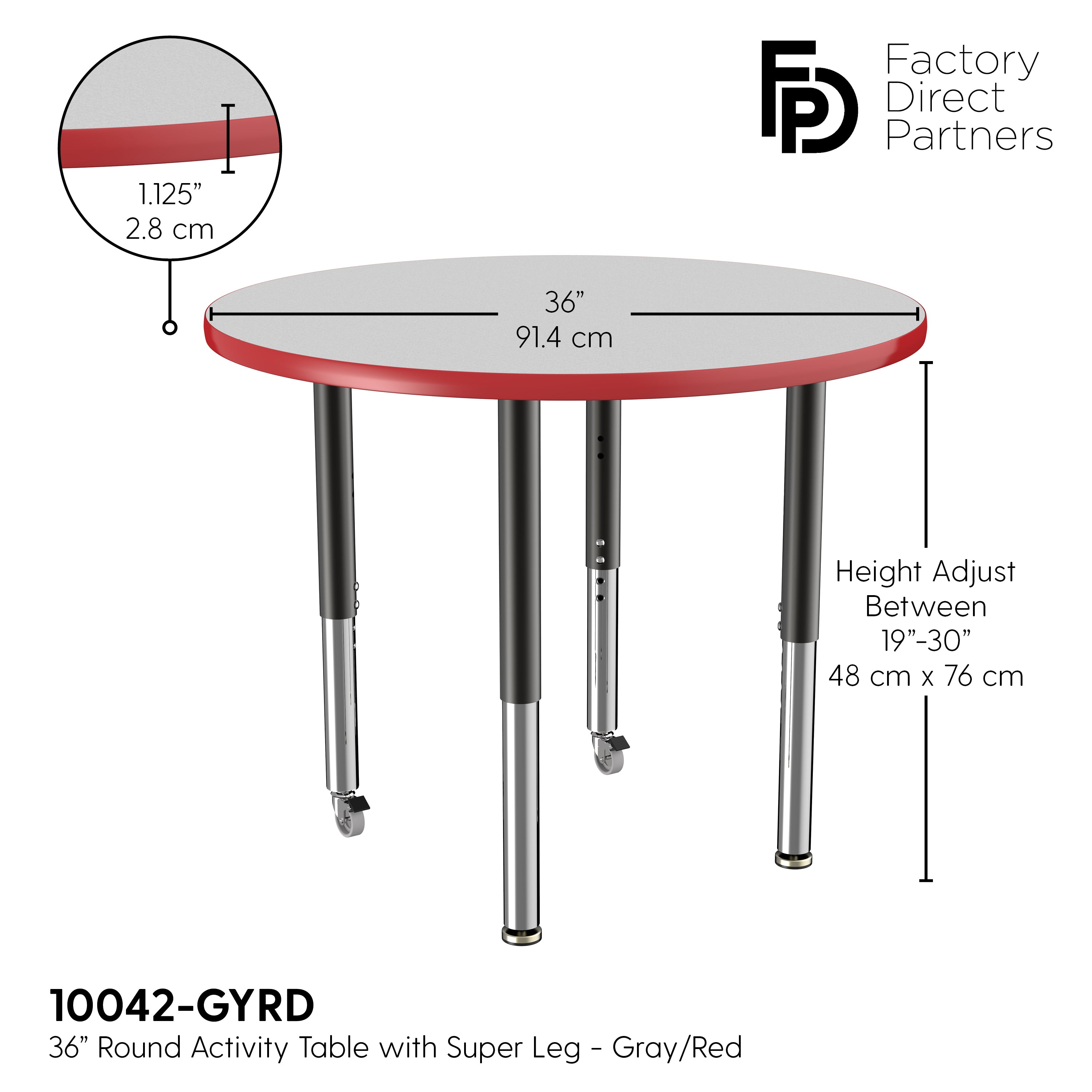 36" Round T-Molding Activity Table with Adjustable Super Legs - Gray/Red/Black