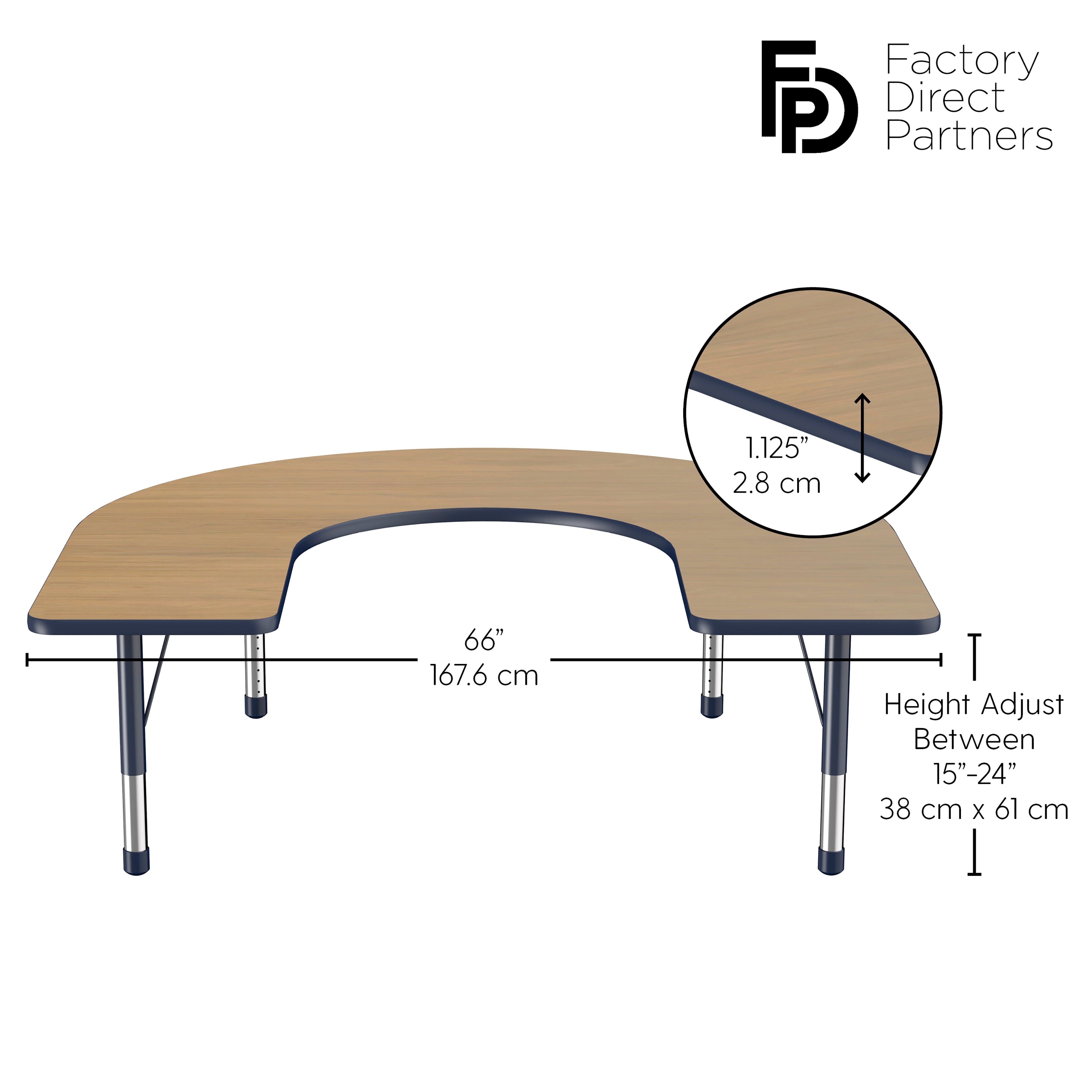 60" x 66" Horseshoe T-Molding Activity Table with Adjustable Chunky Legs - Pasadena Oak/Navy