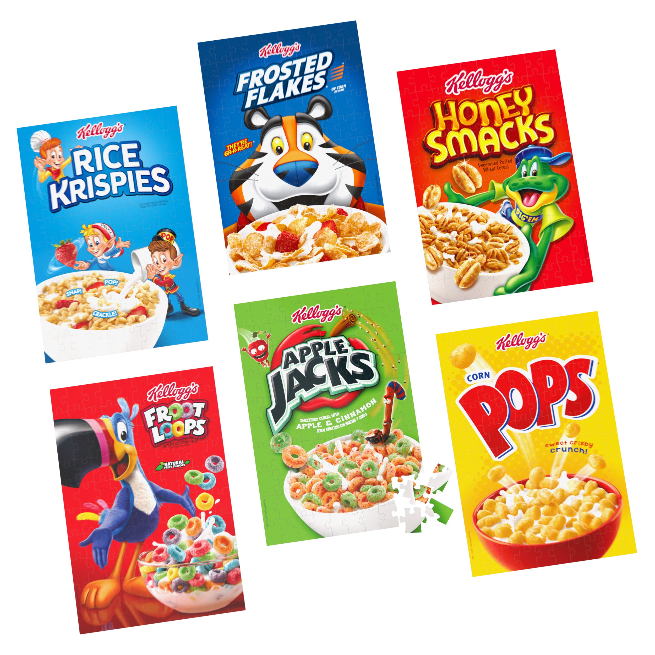Spin Master Games, Kellogg's Cereal 100-Piece Puzzles 6-Pack, Square Cereal Boxes Puzzle Gift Set, Froot Loops, Rice Krispies, Raisin Bran, Corn Flakes, Frosted Flakes, Honey Smacks for Ages 4 & Up