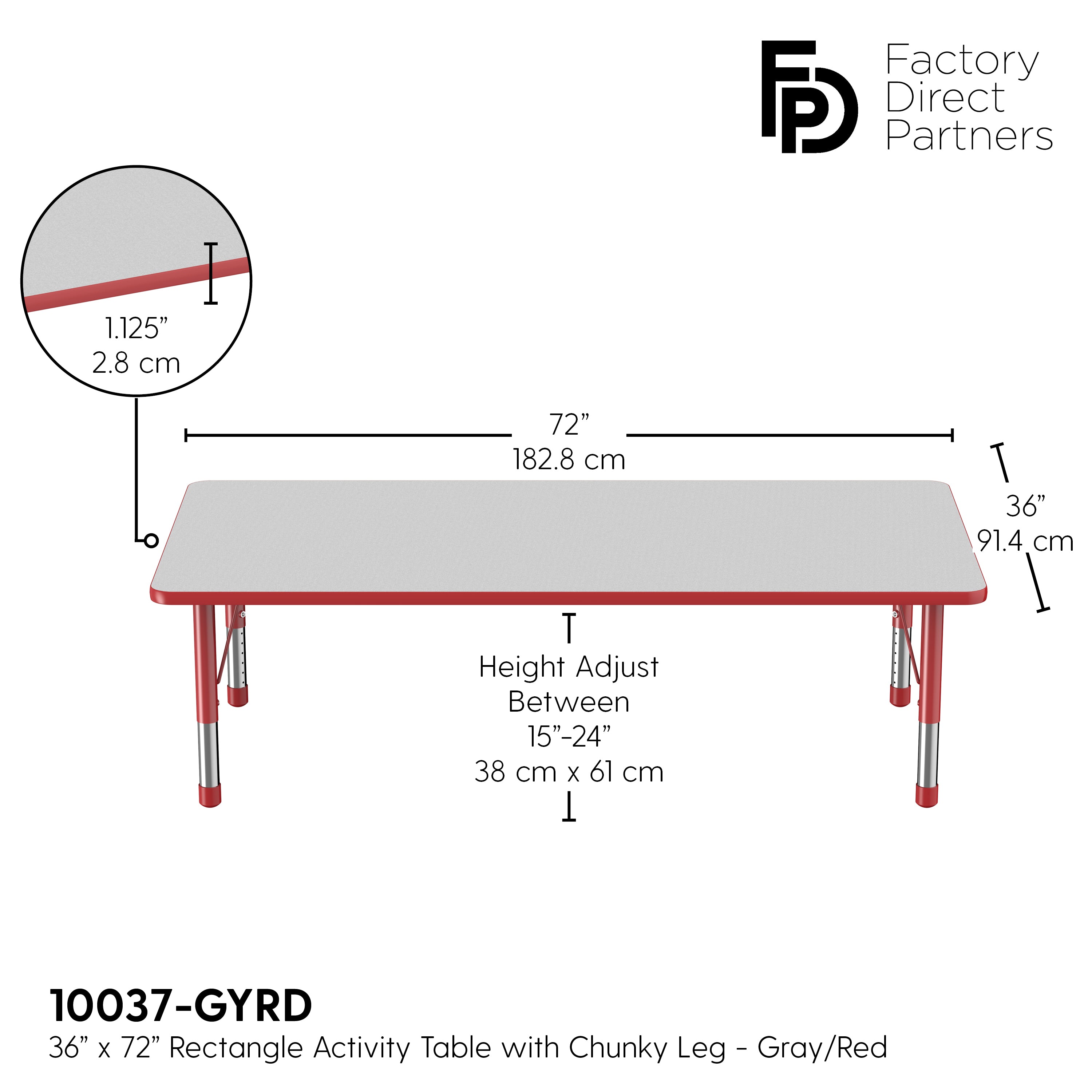 36" x 72" Rectangle T-Molding Activity Table with Adjustable Chunky Legs - Gray/Red