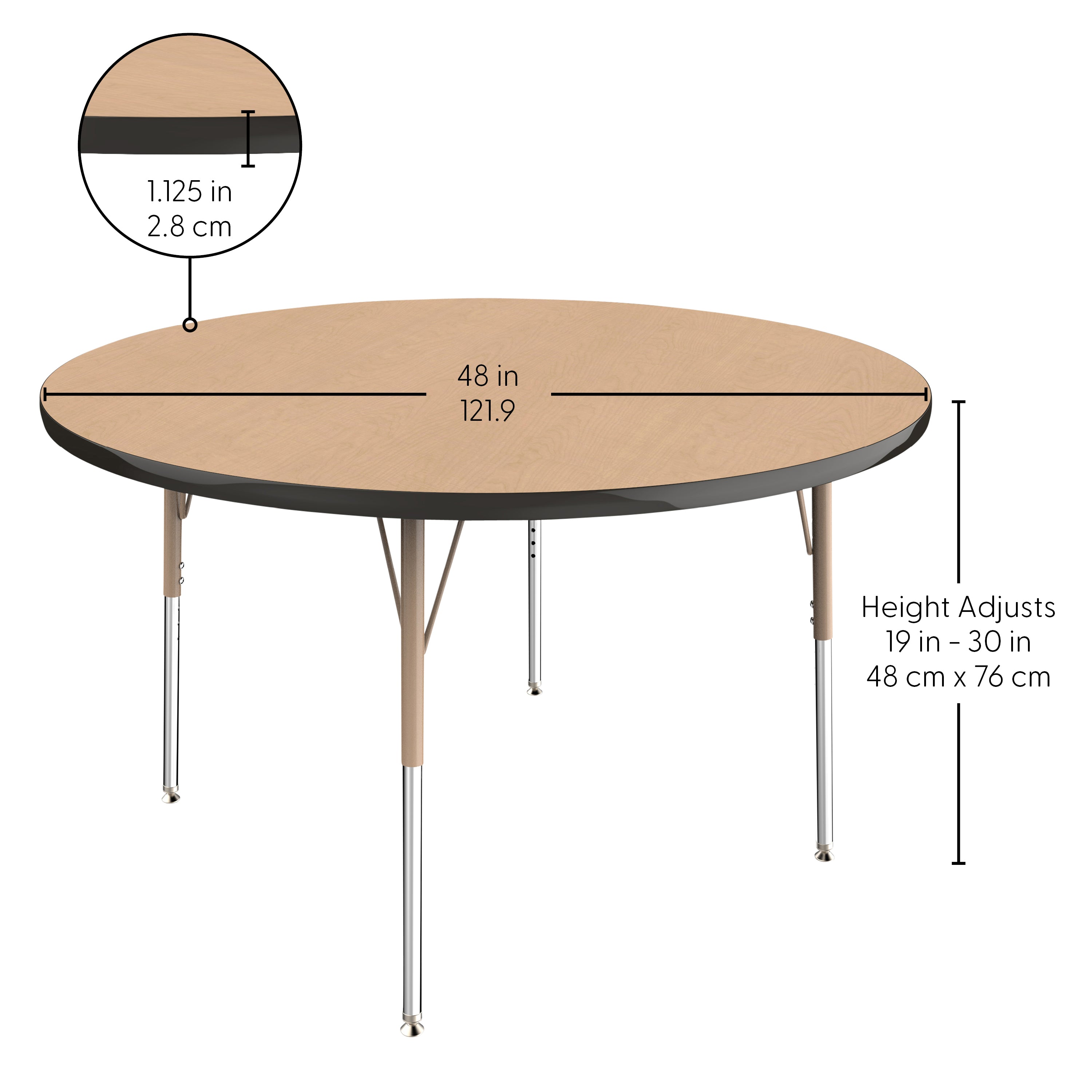 48" Round T-Molding Activity Table with Adjustable Standard Swivel Glide Legs - Maple/Black/Sand