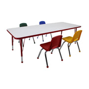 30" x 72" Rectangle Dry-Erase Activity Table with Standard Legs and 12" Stack Chairs with Ball Glides, 5-Piece Set - Whiteboard/Red/Assorted
