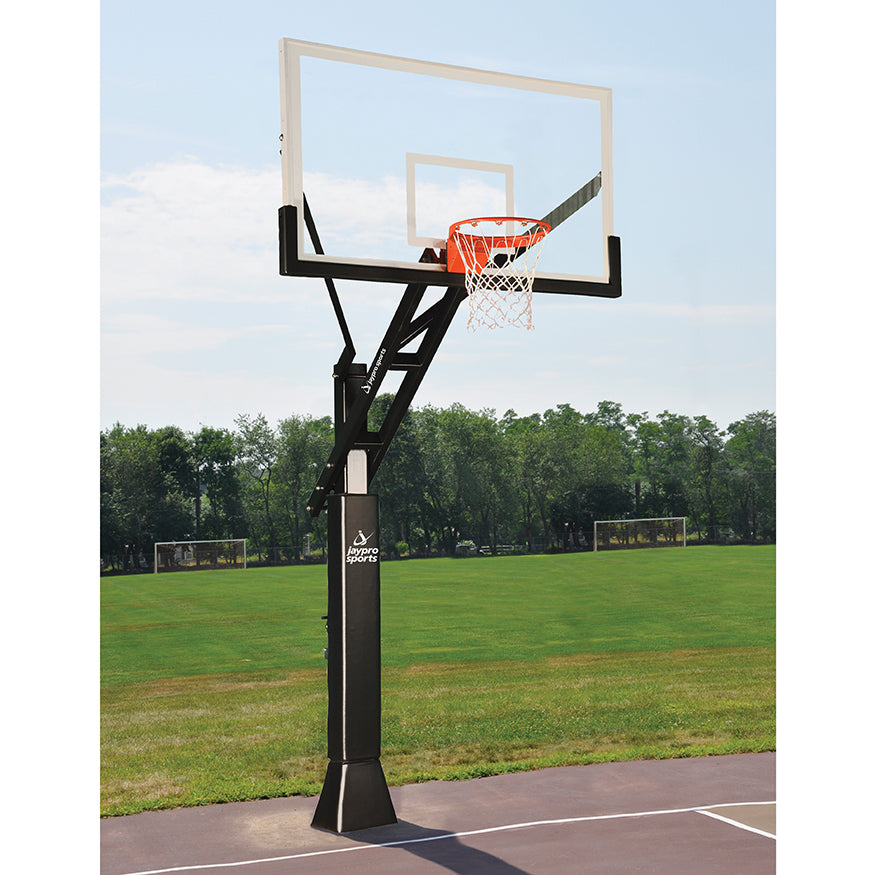 Basketball System - Titan  Adjustable Series (6 in.x 6 in. Pole with 4 ft. Offset) - 72 in. Tempered Glass  Backboard, Playground Goal, and Edge/Protector Padding
