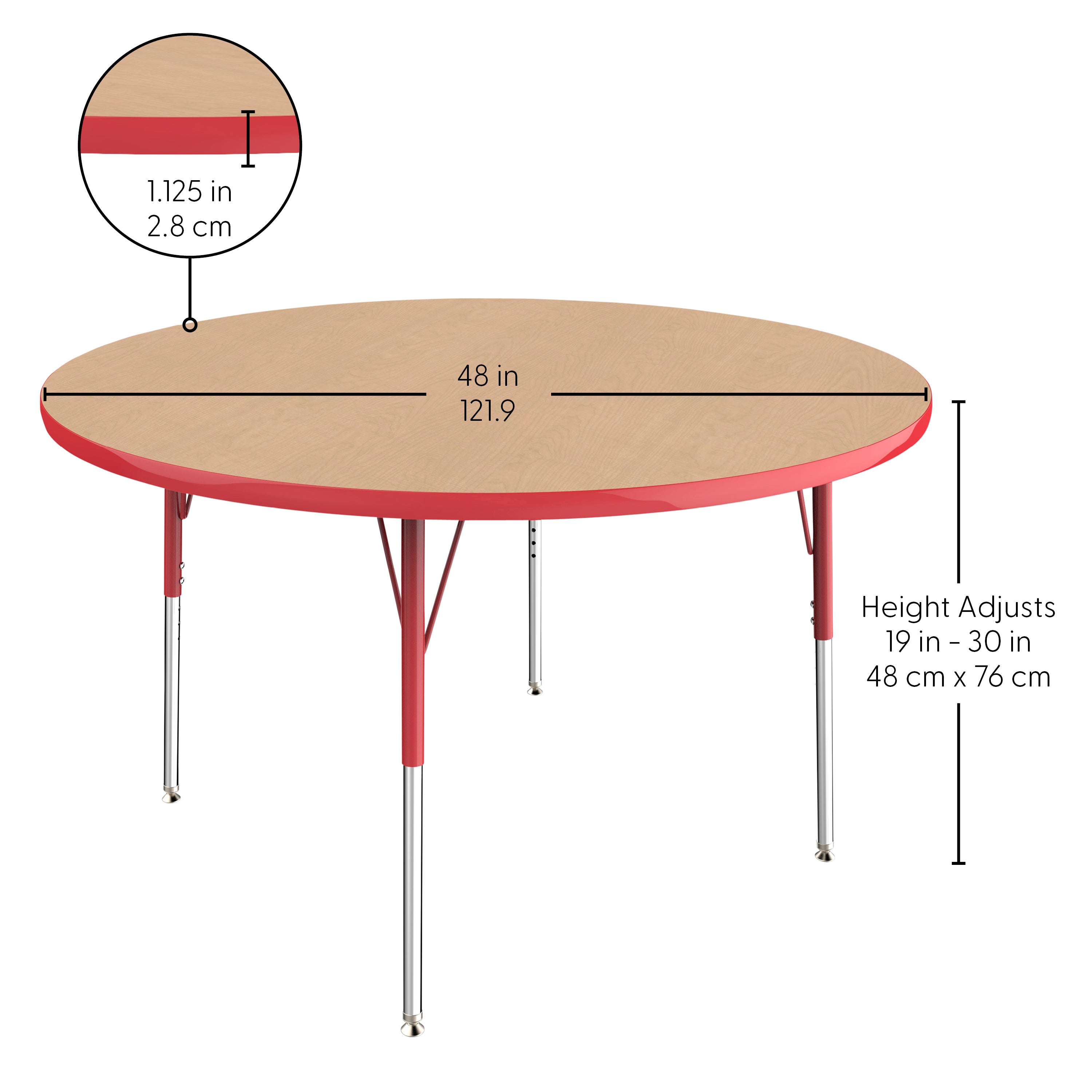 48" Round T-Molding Activity Table with Adjustable Standard Swivel Glide Legs - Maple/Red