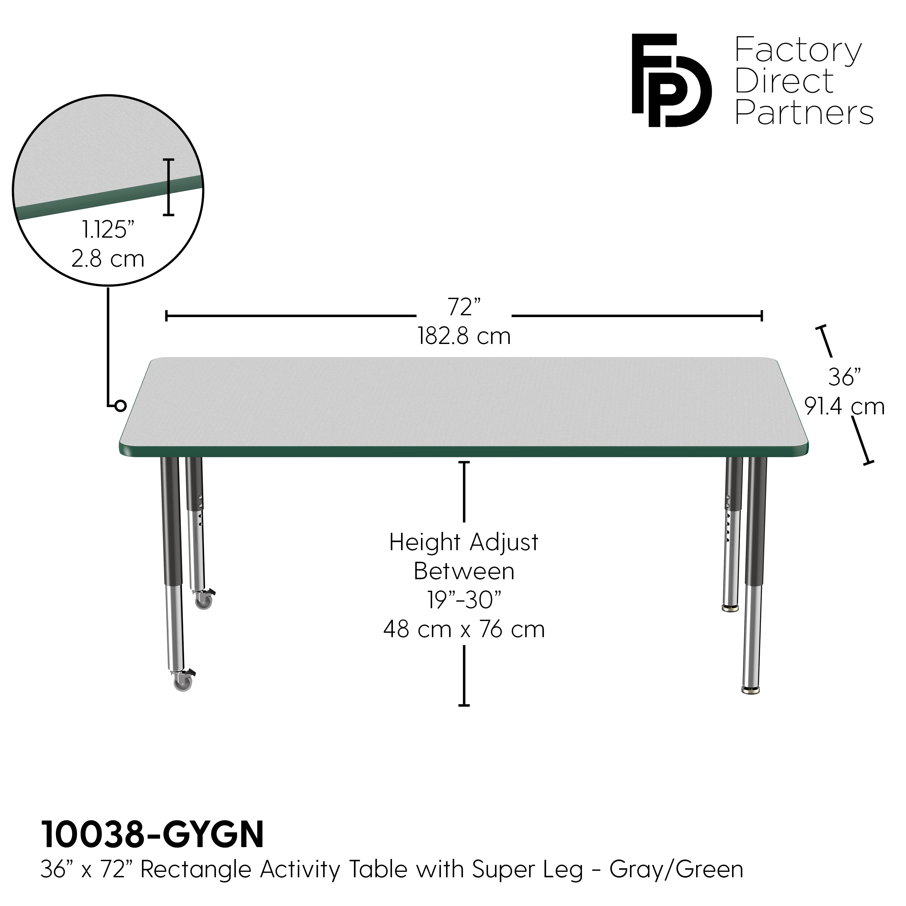 36" x 72" Rectangle T-Molding Activity Table with Adjustable Super Legs - Gray/Green/Black