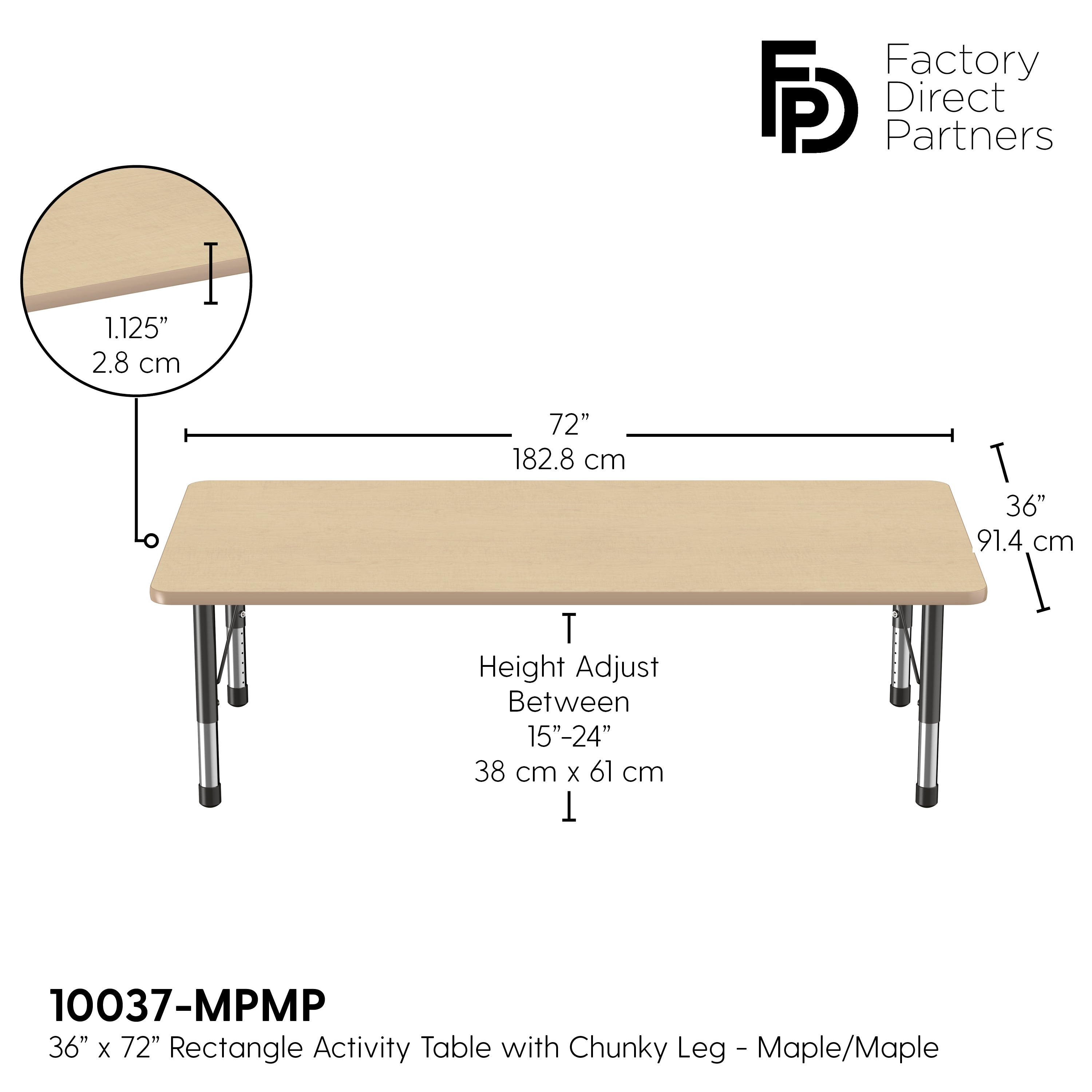 36" x 72" Rectangle T-Molding Activity Table with Adjustable Chunky Legs - Maple/Maple/Black
