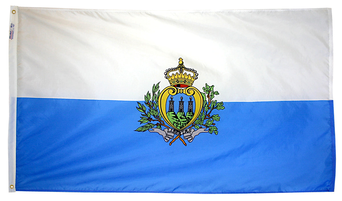 San Marino Flag 3x5 ft. Nylon SolarGuard Nyl-Glo 100% Made in USA to Official United Nations Design Specifications.
