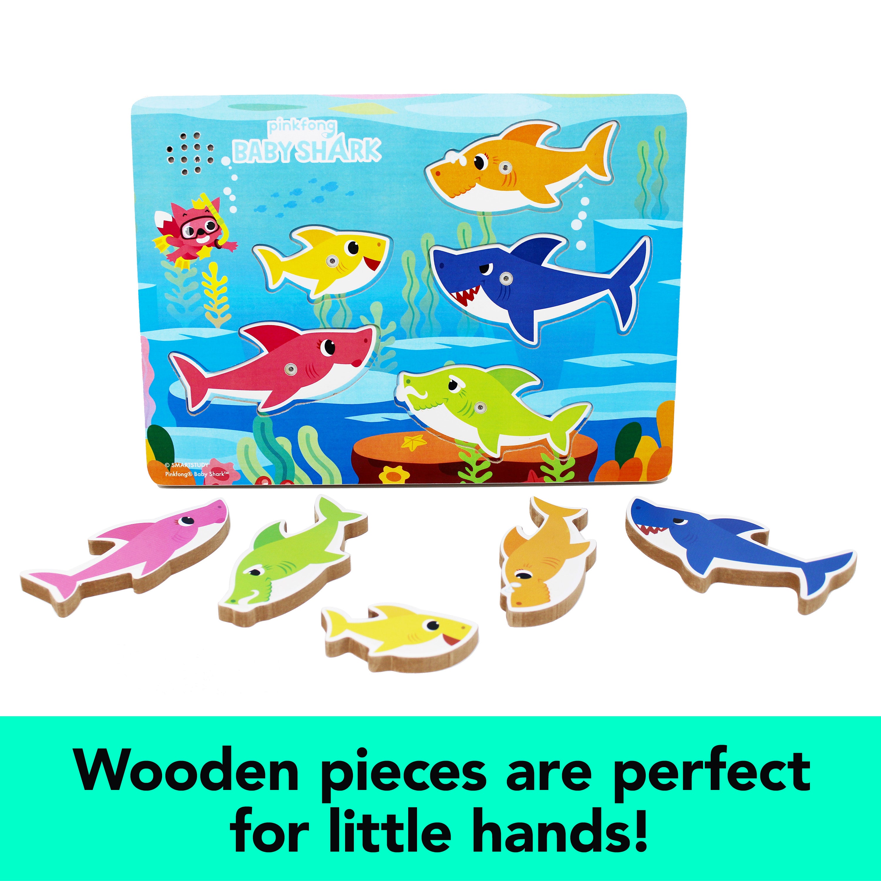 Spin Master Games, Pinkfong Baby Shark Musical Wooden Sound Puzzle, Plays Viral Song, 5 Pieces, Toddler Toys, for Ages 2 & Up