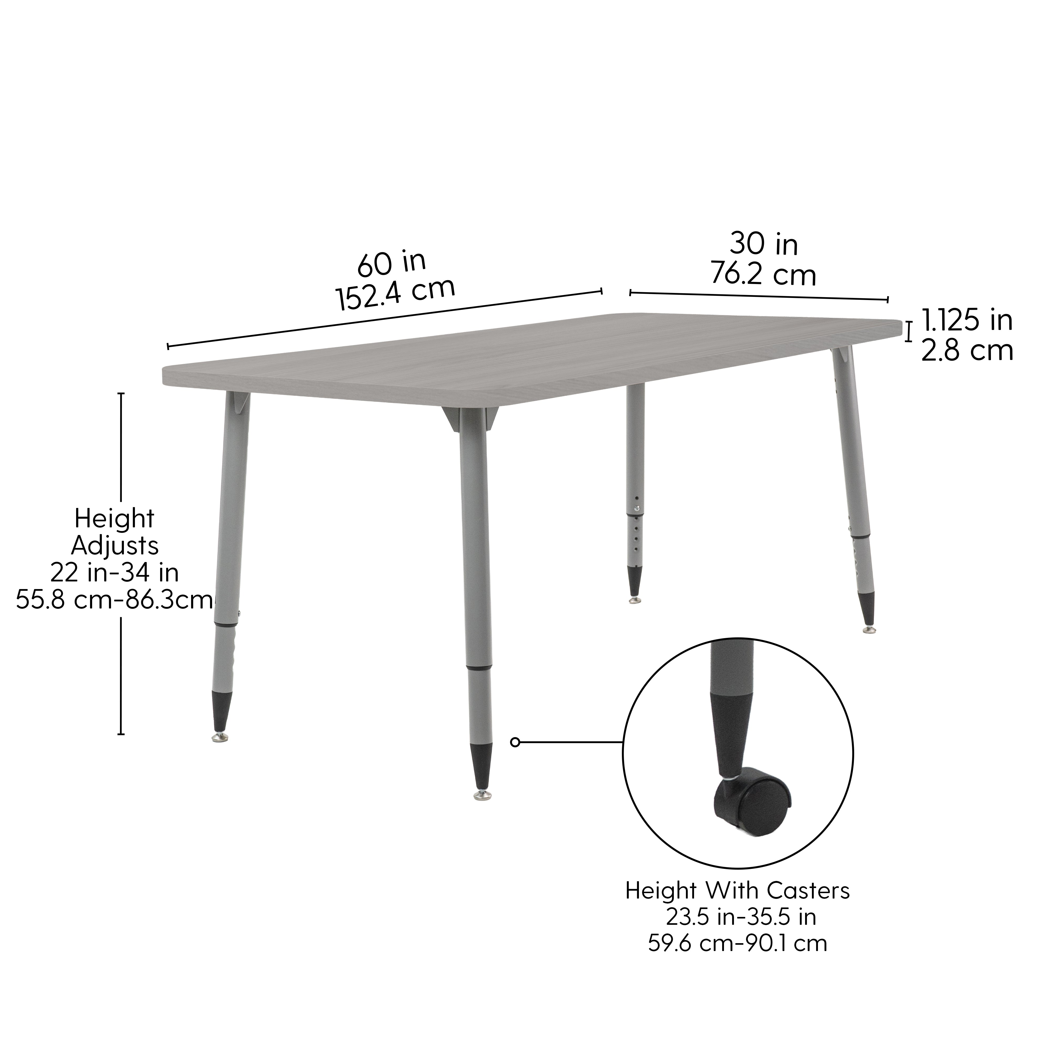 Adapte 30" x 60" Rectangle Woodgrain Activity Table with Adjustable Tapered Legs - Light Gray Wood/Silver
