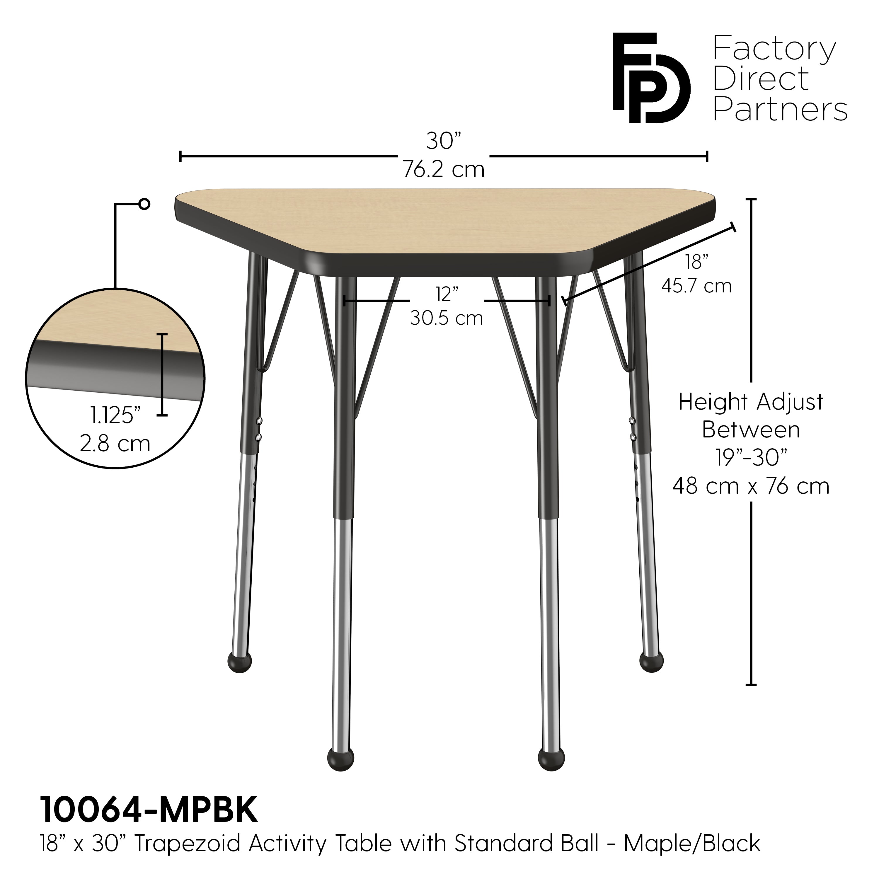18" x 30" Trapezoid T-Molding Activity Table with Adjustable Standard Ball Glide Legs - Maple/Black