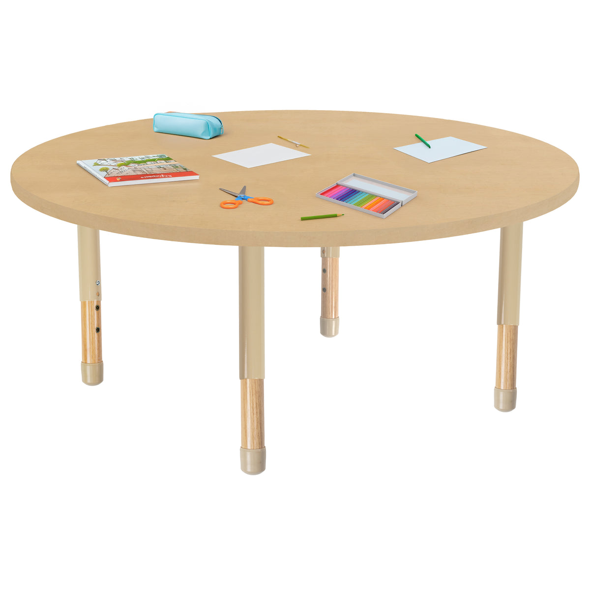 48" x 48" Round Thermofused Activity Table with Adjustable Chunky Wood Legs - Maple Grain/Sand/Natural