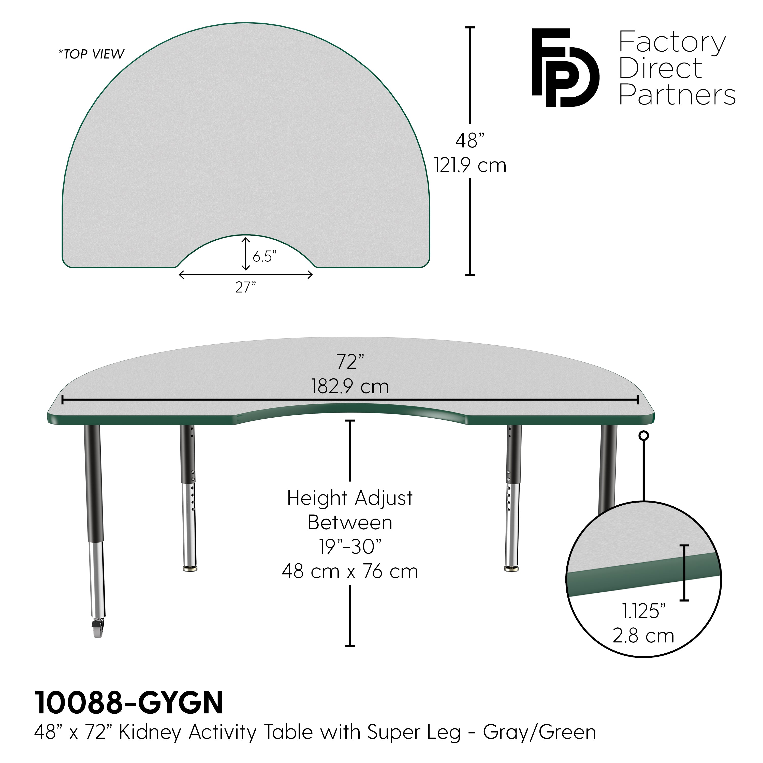 48" x 72" Kidney T-Molding Activity Table with Adjustable Super Legs - Gray/Green/Black