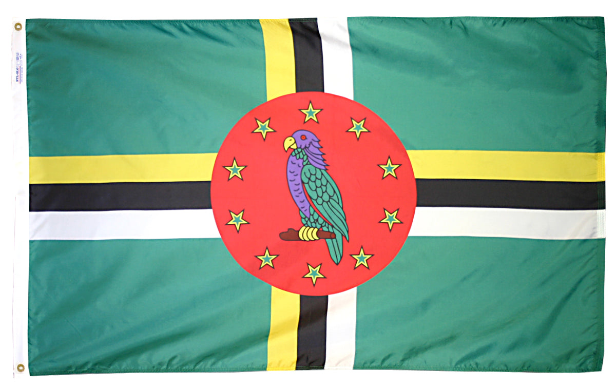 Dominica Flag 5x8 ft. Nylon SolarGuard Nyl-Glo 100% Made in USA to Official United Nations Design Specifications.