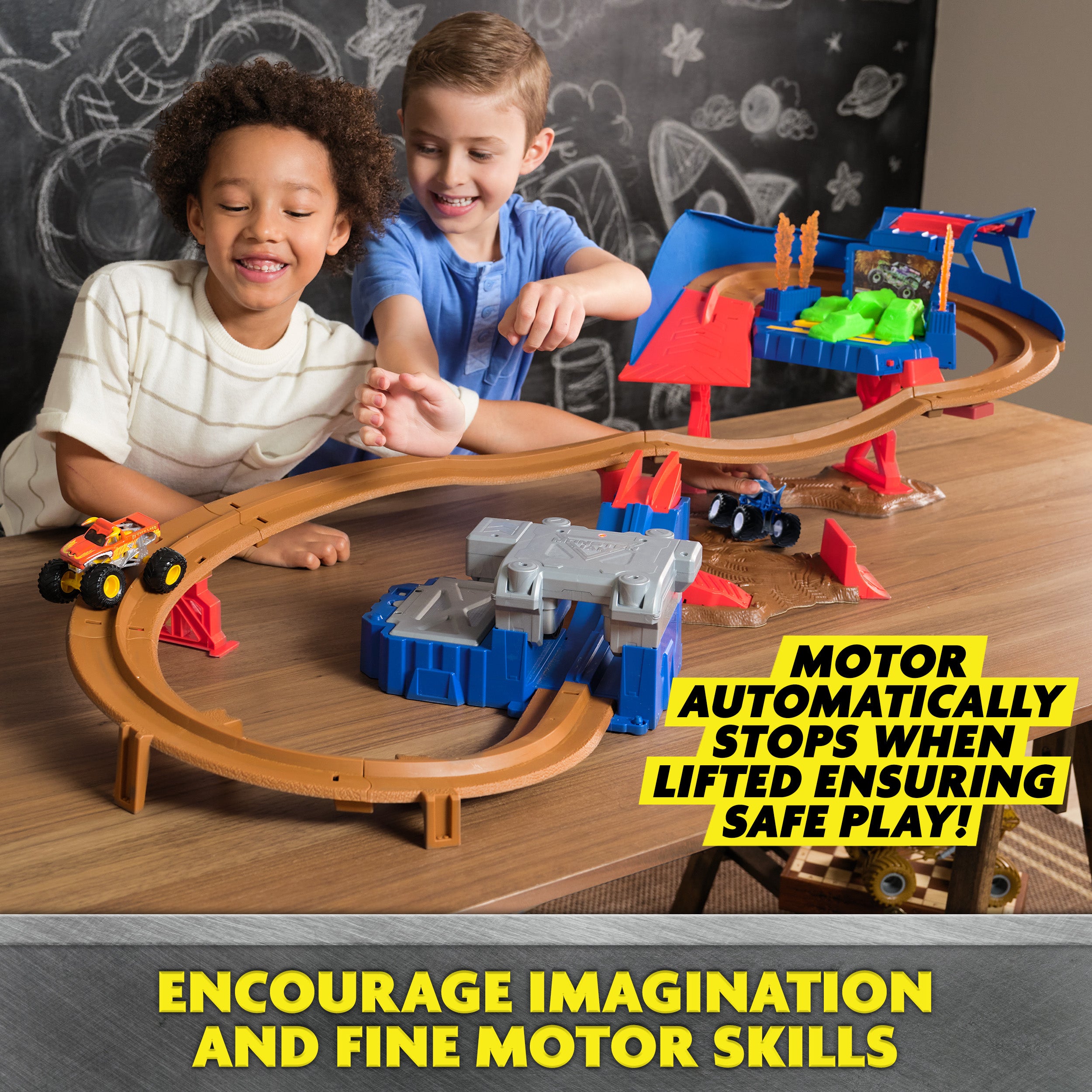 Monster Jam, Supercharge Speedway Playset, Megalodon and El Toro Loco Die-Cast Monster Trucks, Light Up World Finals Track Kids Toys for Boys Ages 3+