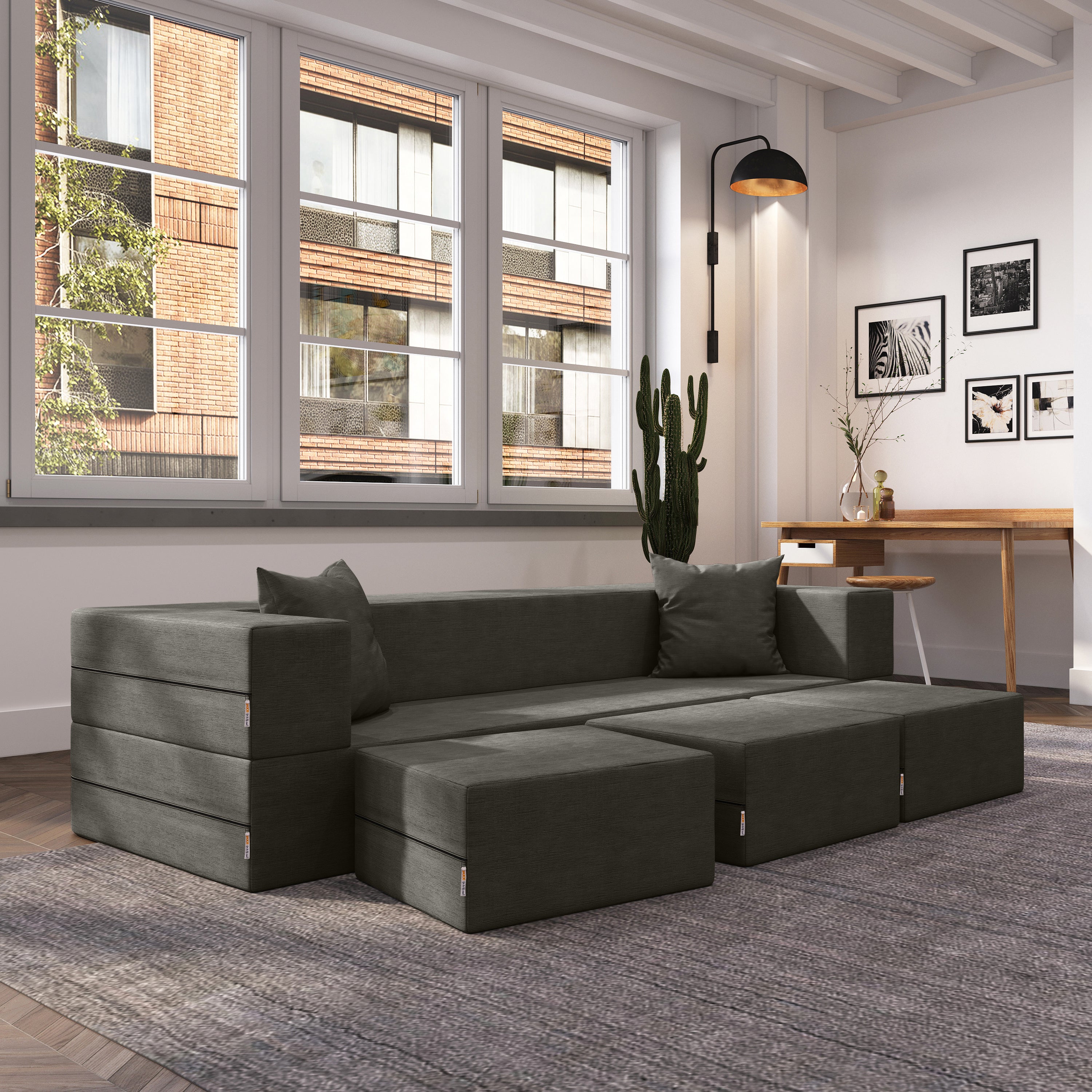 Jaxx Zipline Convertible Sleeper Sofa & Three Ottomans/California King-Size Bed, Textured Microvelvet - Charcoal