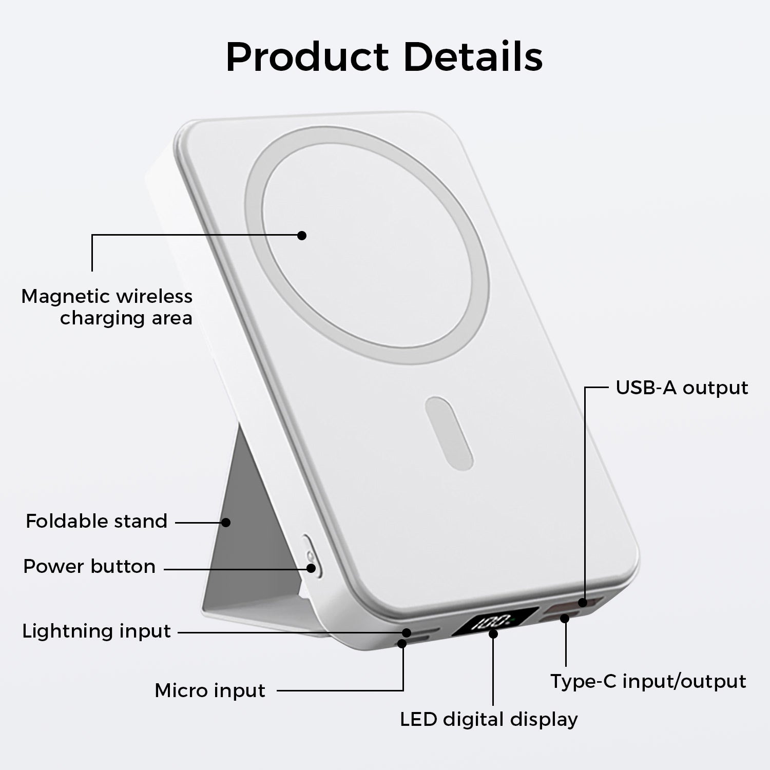 10,000mAh Magnetic Wireless Charge Power Bank with Foldable Stand, White