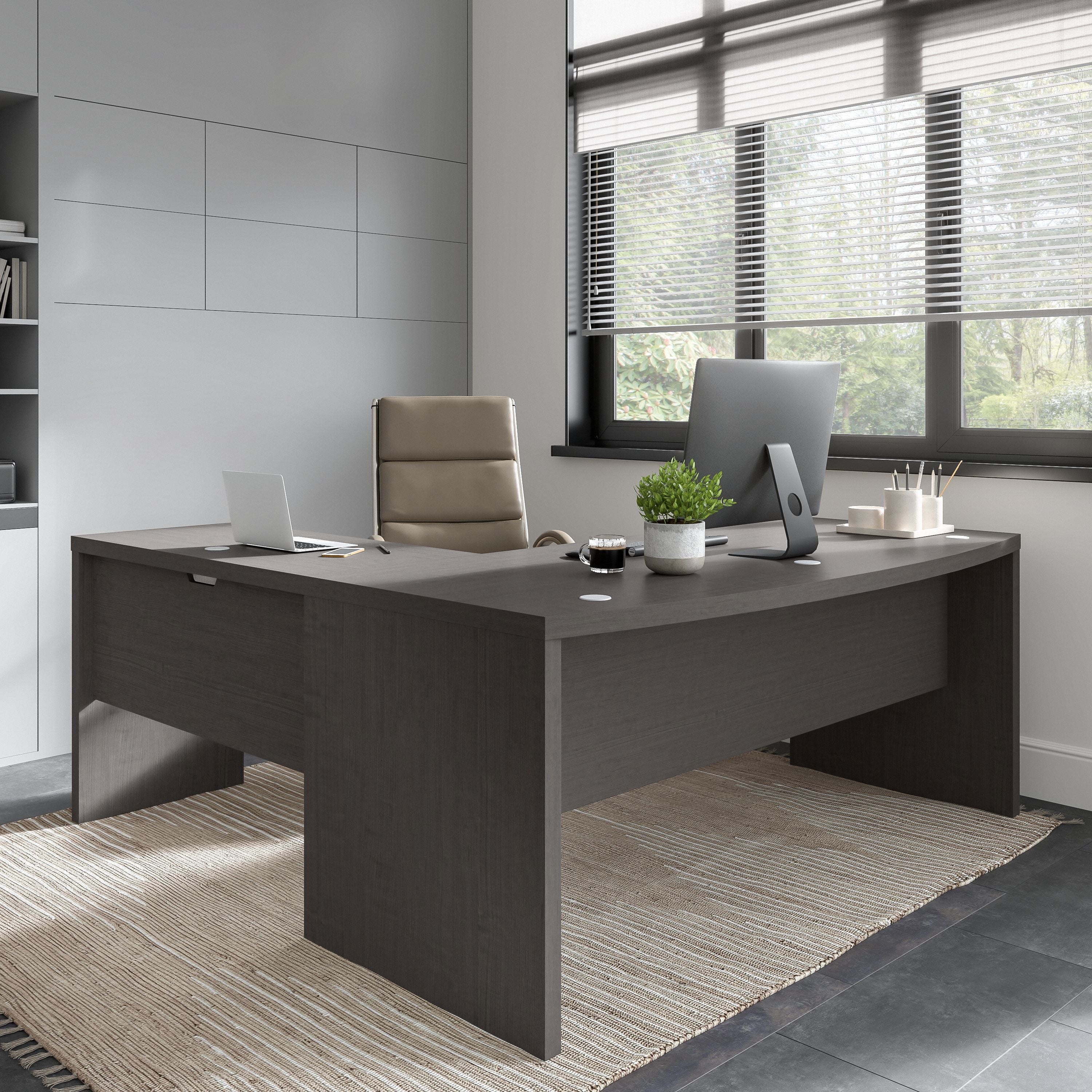 Bush Business Furniture Echo 72W Bow Front L Shaped Desk in Charcoal Maple - 71.97" Width x 77.32" Depth x 30" Height