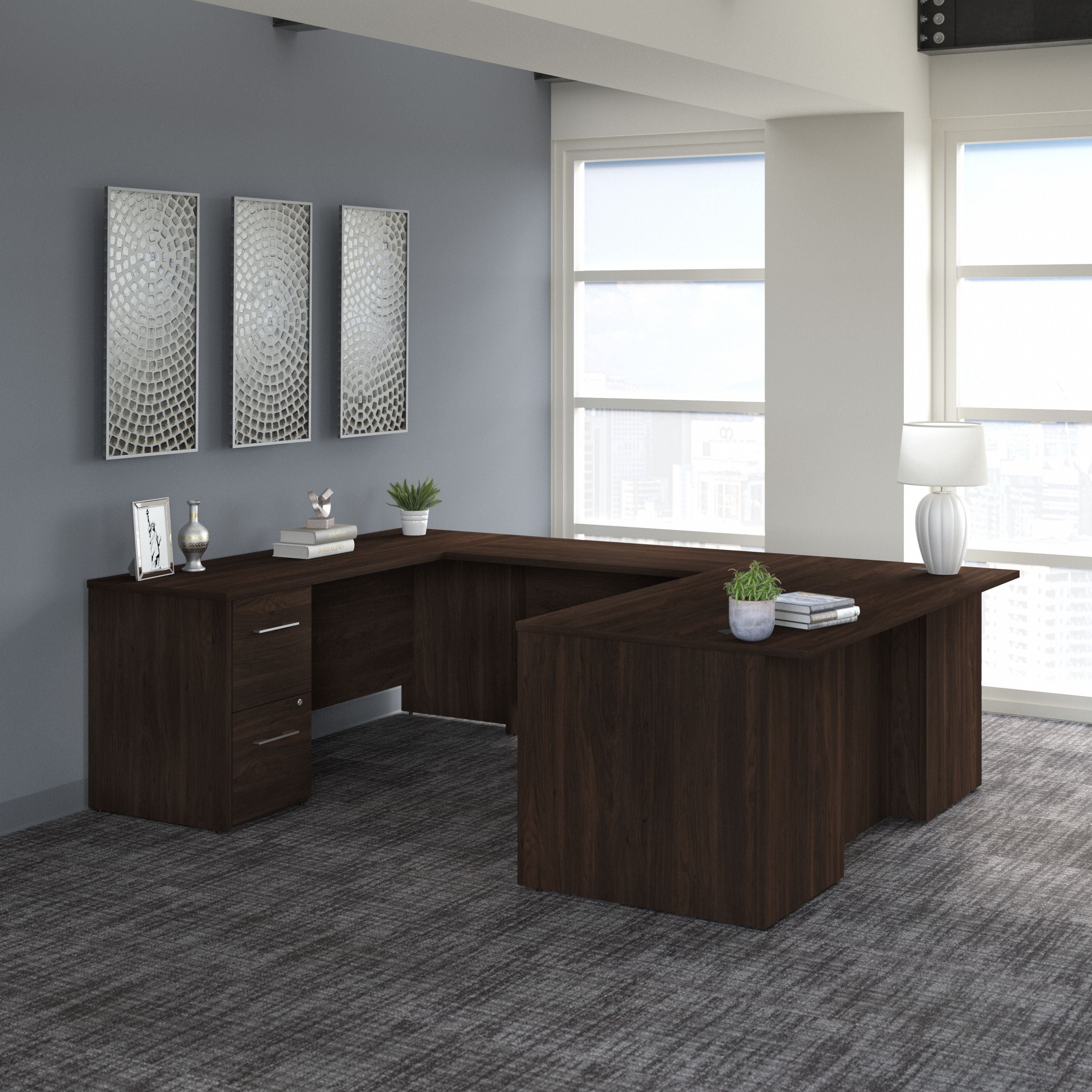 Bush Business Furniture Office 500 72W U Shaped Executive Desk with Drawers in Black Walnut - 71.02" Width x 100.43" Depth x 29.82" Height