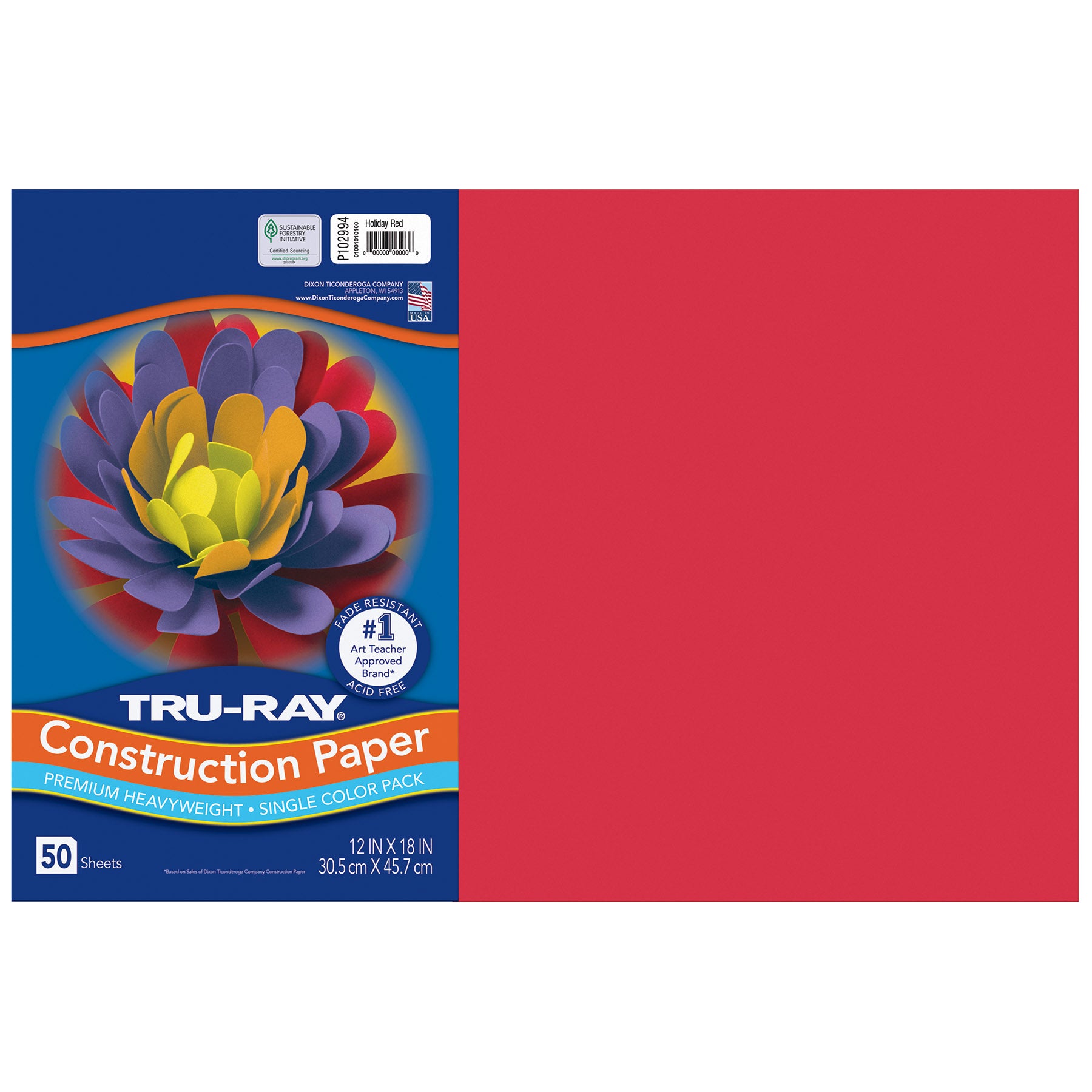 Construction Paper, Heavyweight, Holiday Red, 12" x 18", 50 Sheets