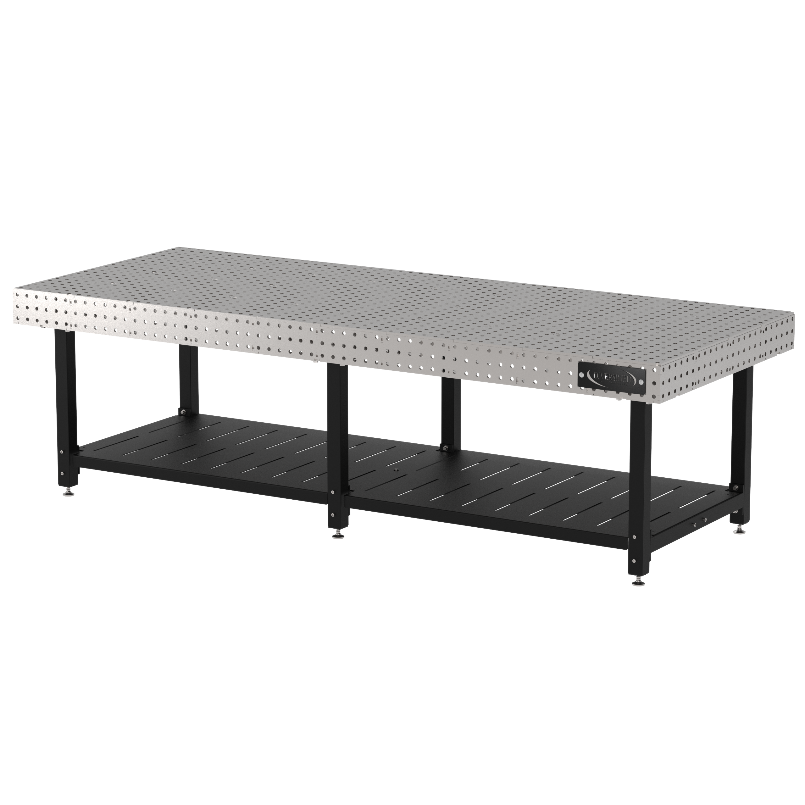 Welding Fixture Table, Fixed Height, 36"H x 120"L x 48"D, 1/4" Carbon Steel Top, Six Black Powdercoat Legs, Shelf, Self-Leveling Feet