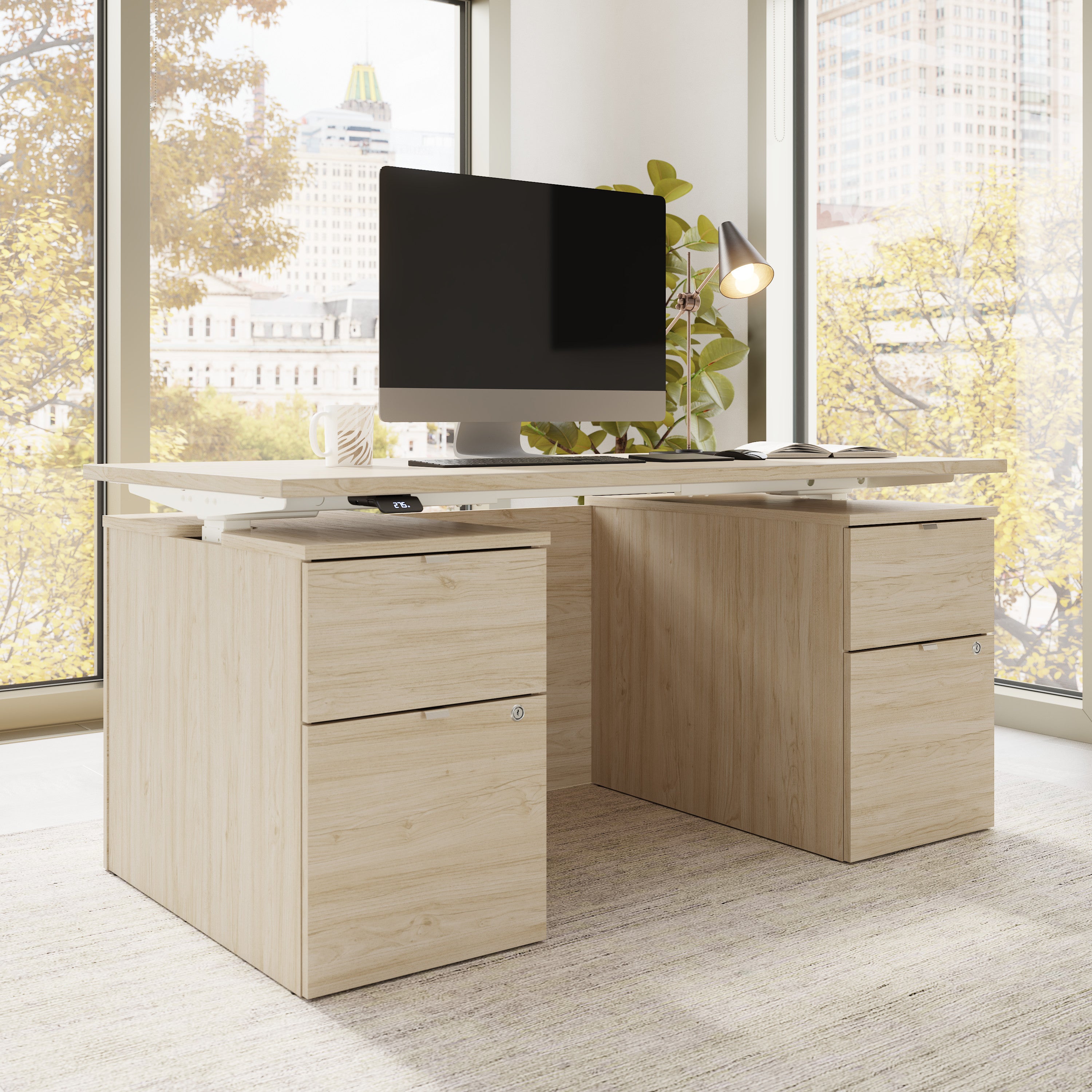 Bush Business Furniture Stratus&nbsp;60W x&nbsp;30D Electric Standing Desk with Drawers and Modesty Panel in Natural Elm with White Base - 59.45" Width x 29.37" Depth x 27.44" Height