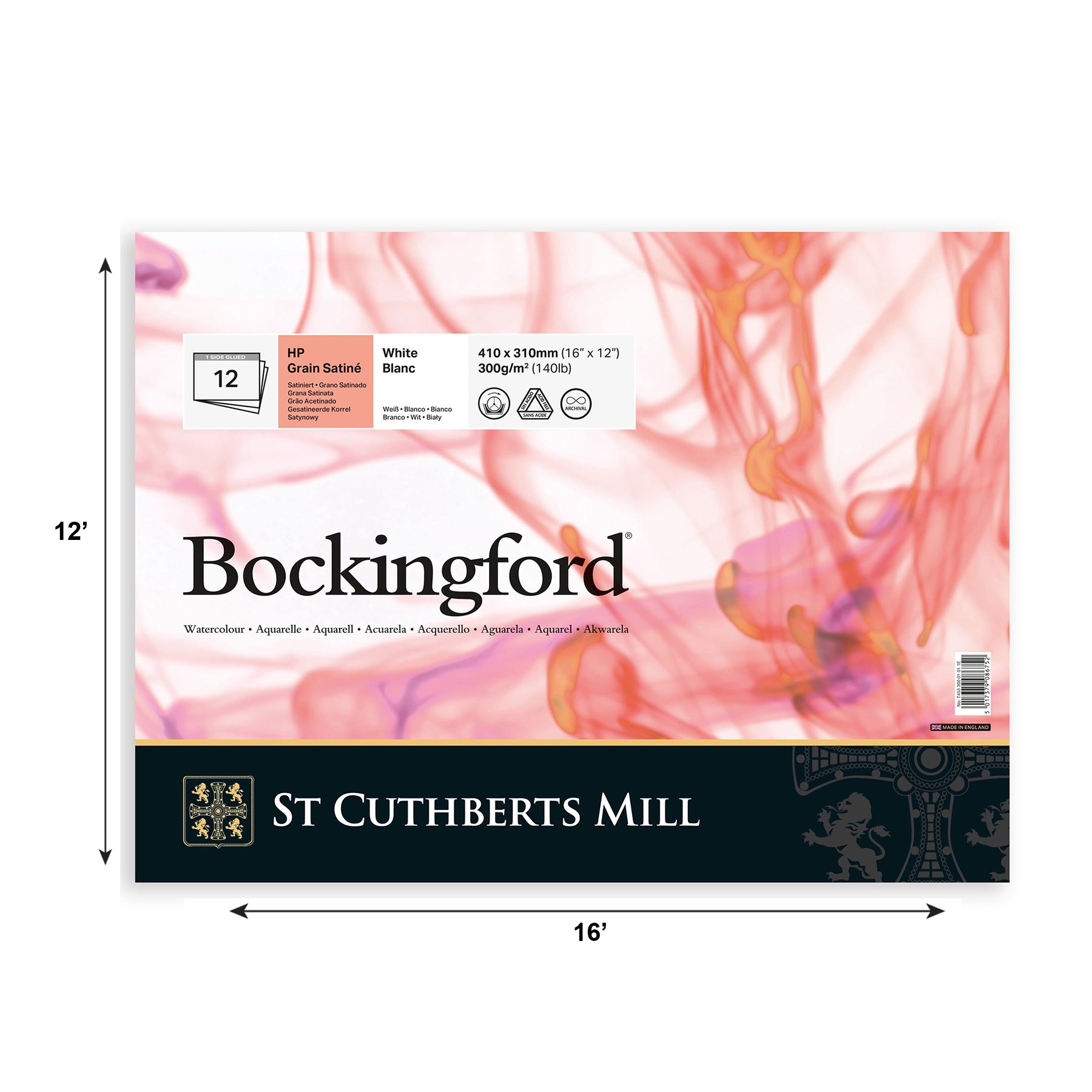 Bockingford Watercolor Pad, Hot Pressed, White, Glue Binding, 140lb/300gsm, 12 Sheet, 12x16 inch, 1 Count