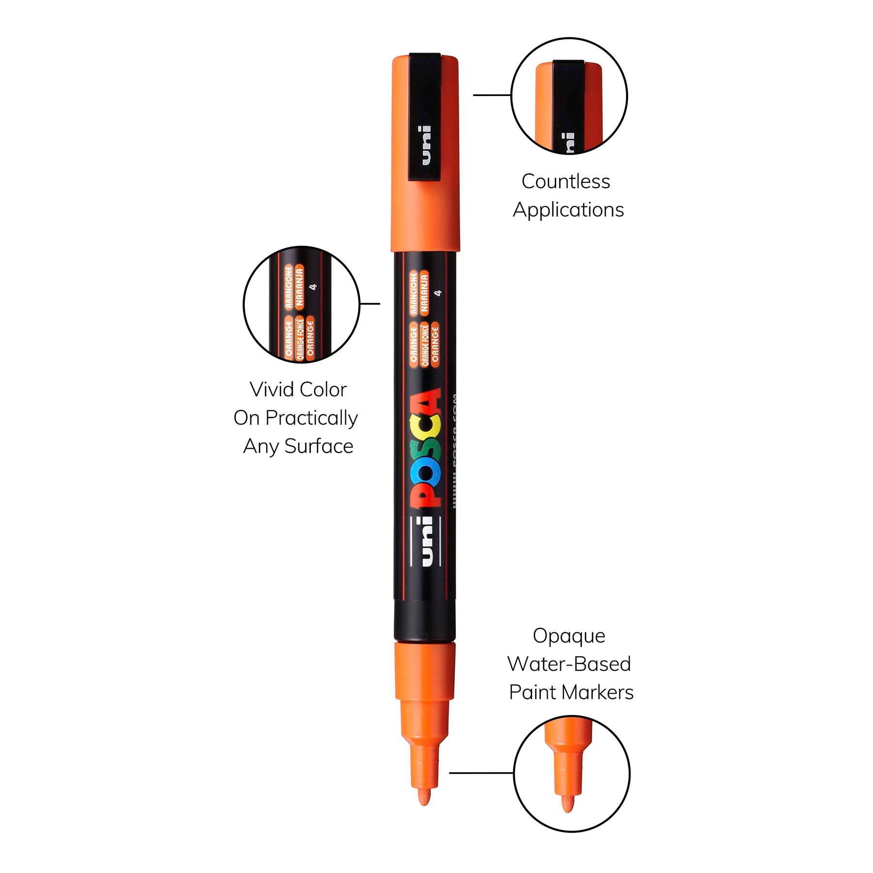 uni® POSCA PC-3M Water-Based Paint Markers, Reversible Fine Tip (0.9-1.3mm), Orange