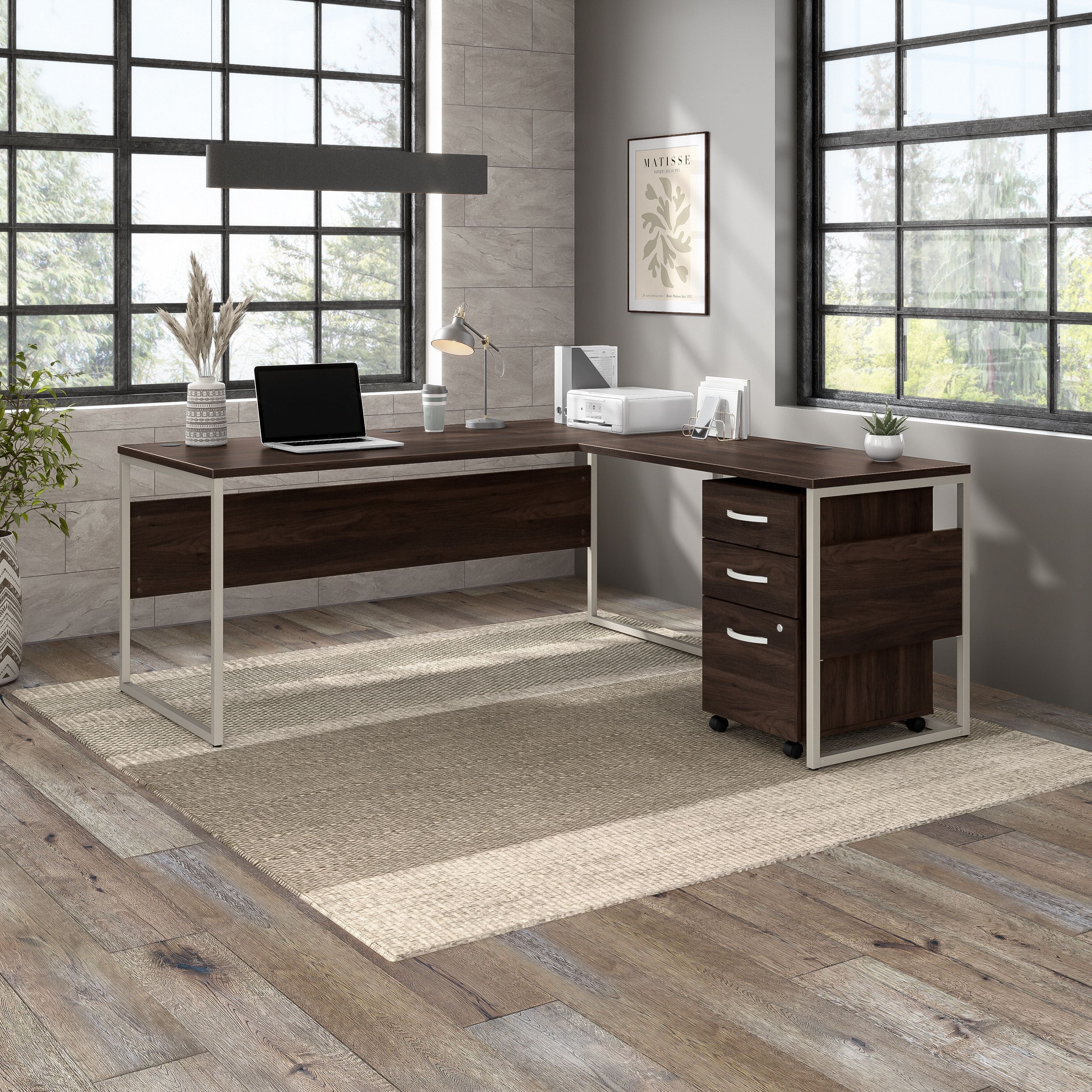 Bush Business Furniture Hybrid 72W x 30D L Shaped Table Desk with Mobile File Cabinet in Black Walnut - 71.02" Width x 71.34" Depth x 29.91" Height