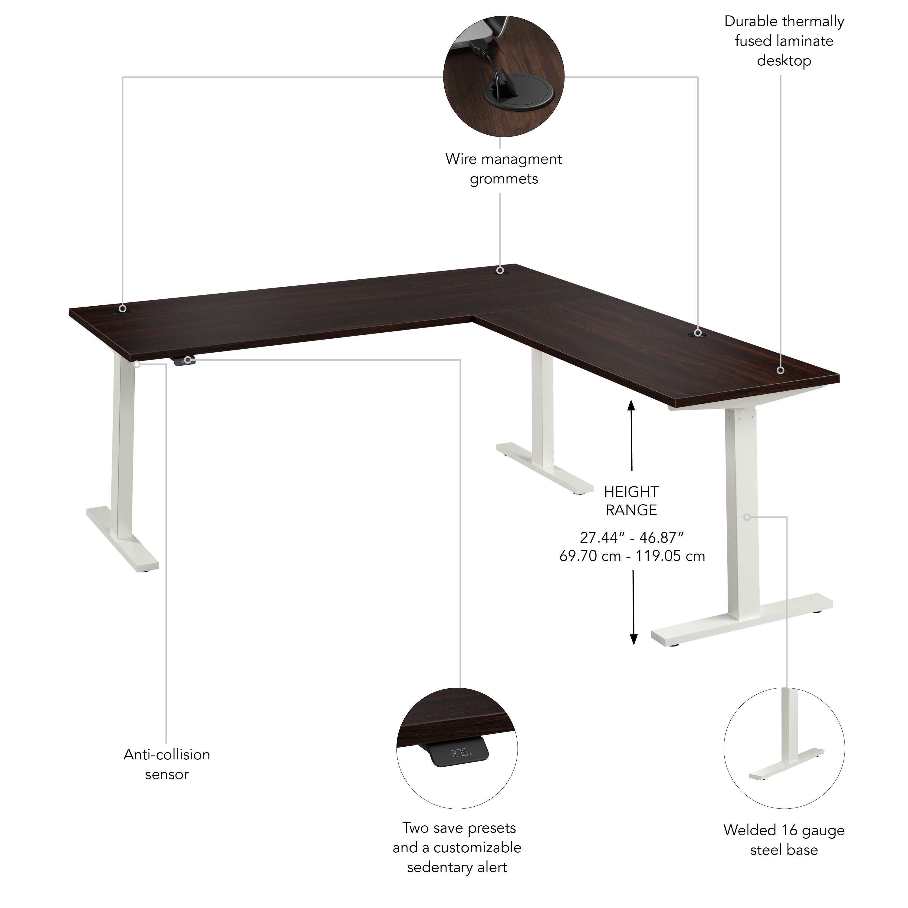 Bush Business Furniture Move 60 Series 72W Height Adjustable L Shaped Standing Desk in Black Walnut with White Base - 71.02" Width x 76.97" Depth x 27.44" Height