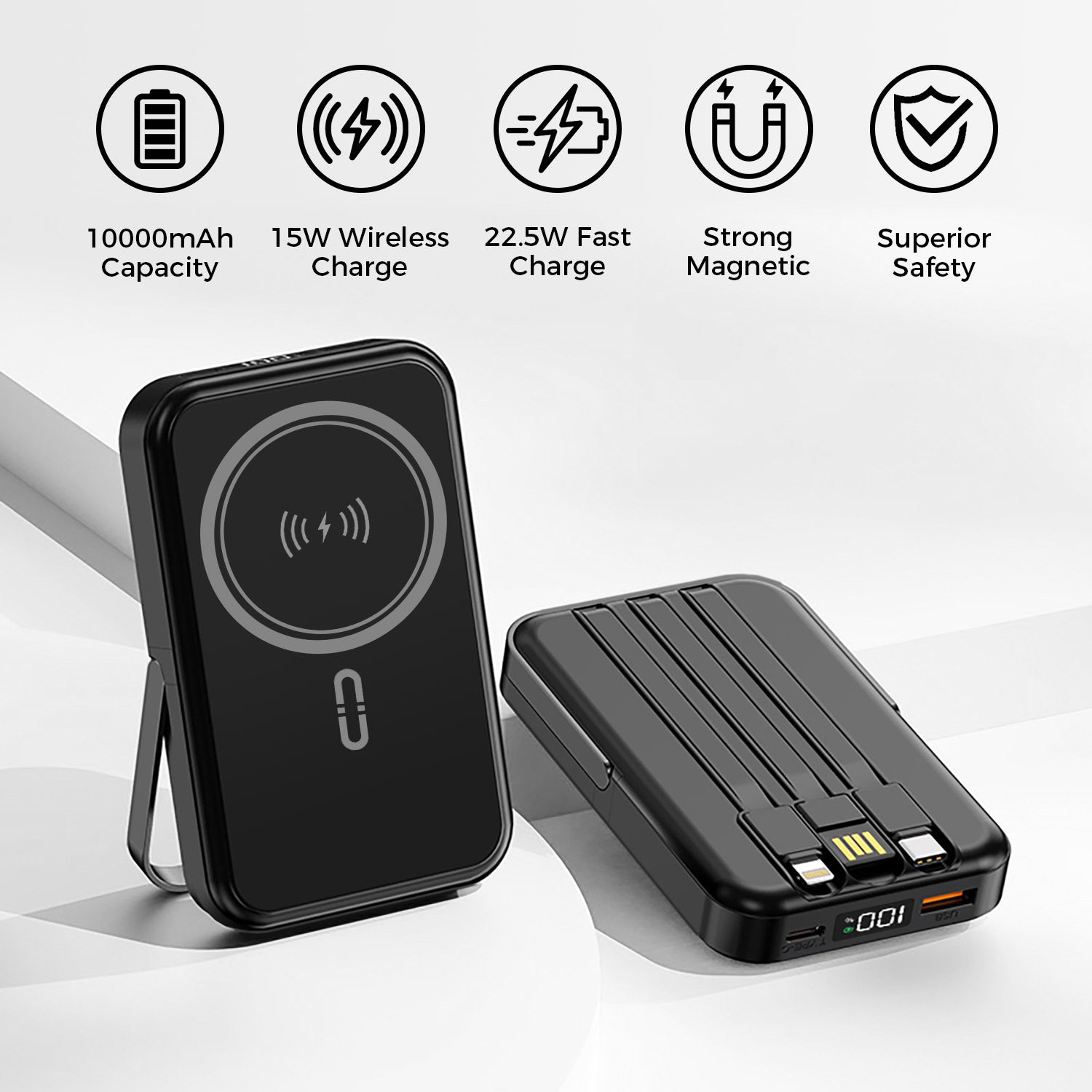 10,000mAh Magnetic Wireless Power Bank with Metal Stand + Built-in Cables, Black