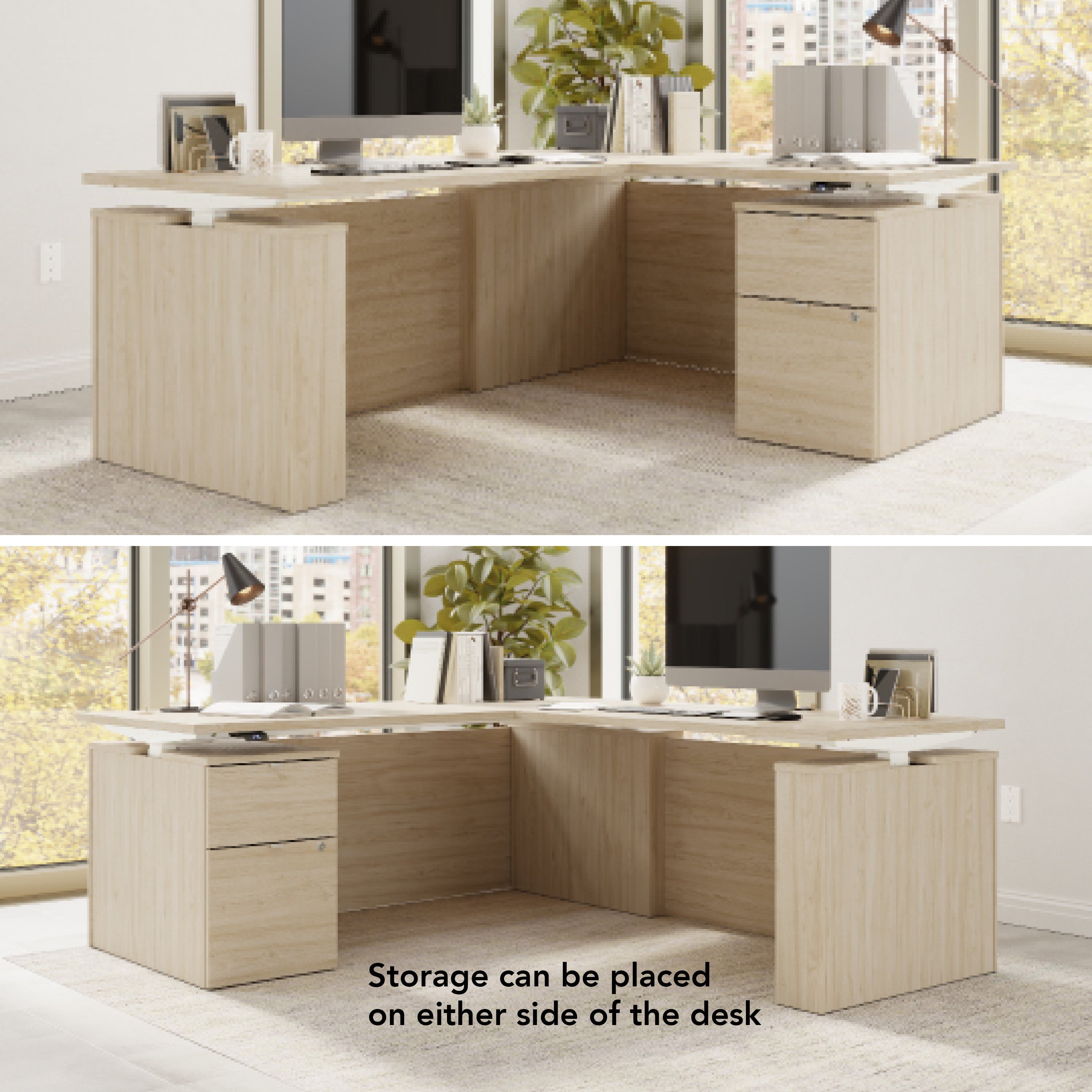 Bush Business Furniture Stratus&nbsp;72W x&nbsp;78D Height Adjustable L Shaped Standing Desk with File Cabinet in Natural Elm with White Base - 71.02" Width x 76.97" Depth x 27.44" Height