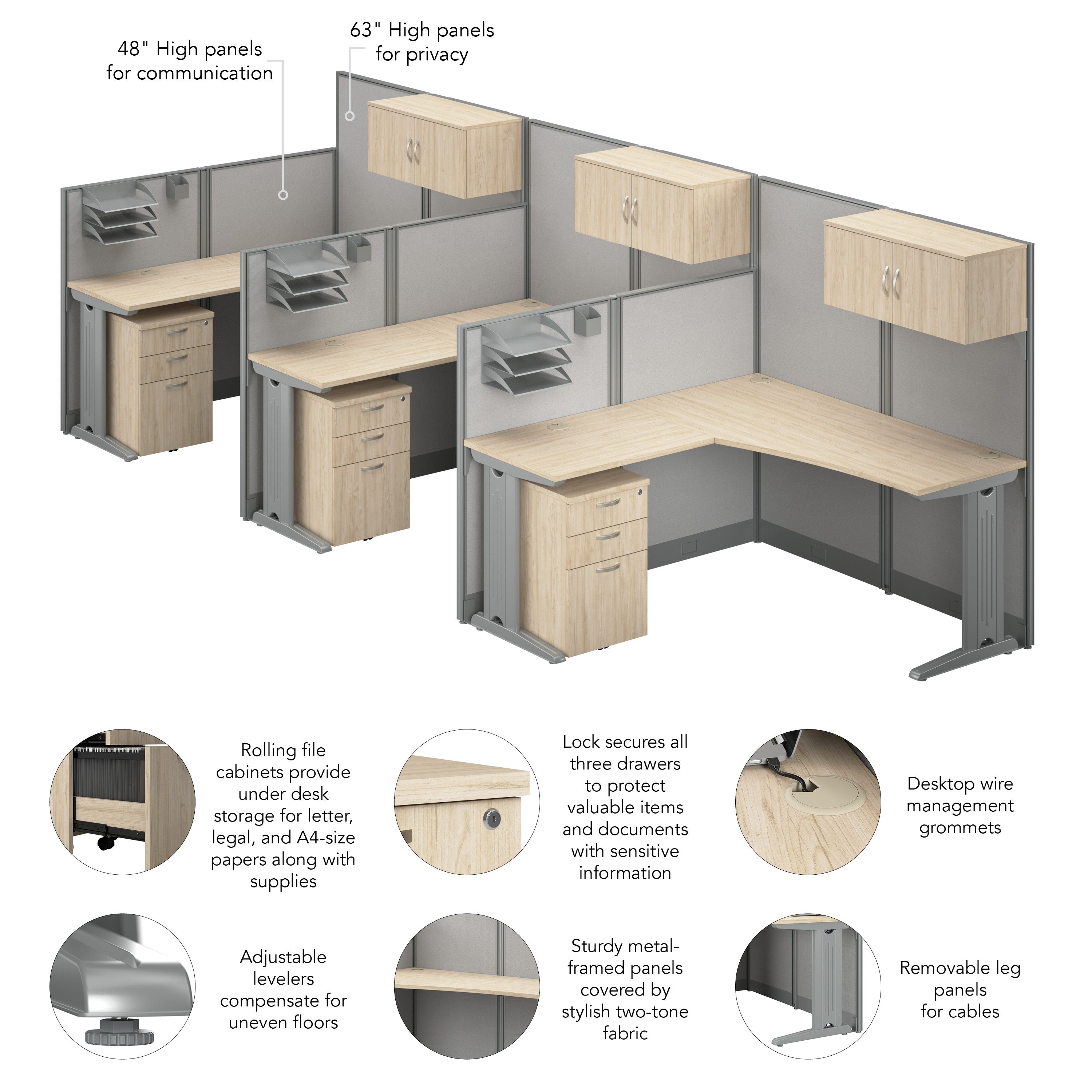 Bush Business Furniture Office in an Hour 3 Person L Shaped Cubicle Desks with Storage, Drawers, and Organizers in Natural Elm - 193.47" Width x 64.48" Depth x 62.86" Height