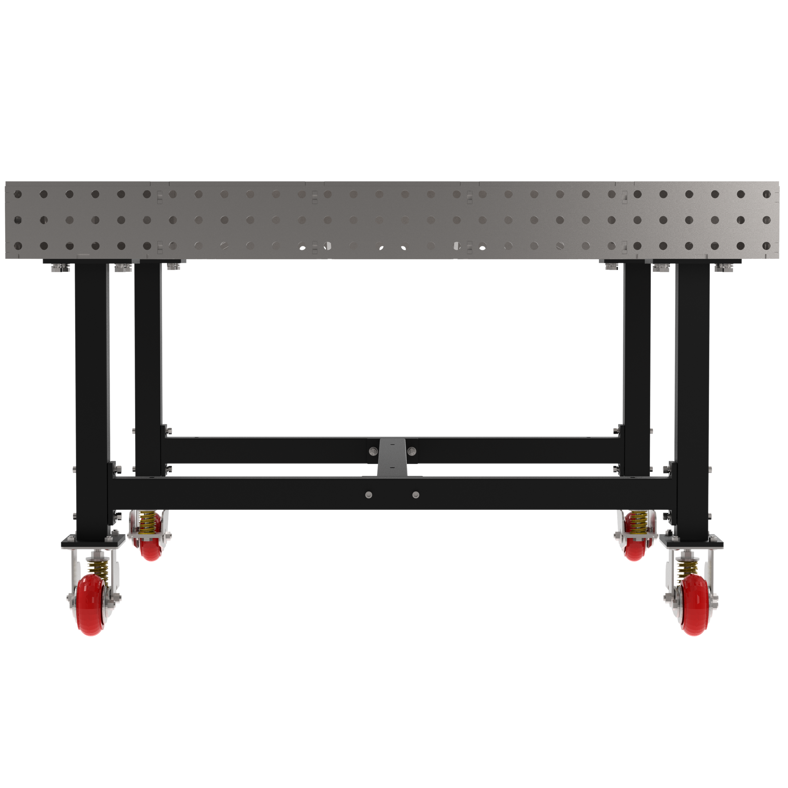 Welding Fixture Table, Fixed Height, 36"H x 60"L x 60"D, 1/4" Carbon Steel Top, Four Black Powdercoat Legs, 4 Heavy Duty Suspension Casters (2 Locking/Swiveling Casters and 2 Non-Locking/Non-SwivelingCasters)