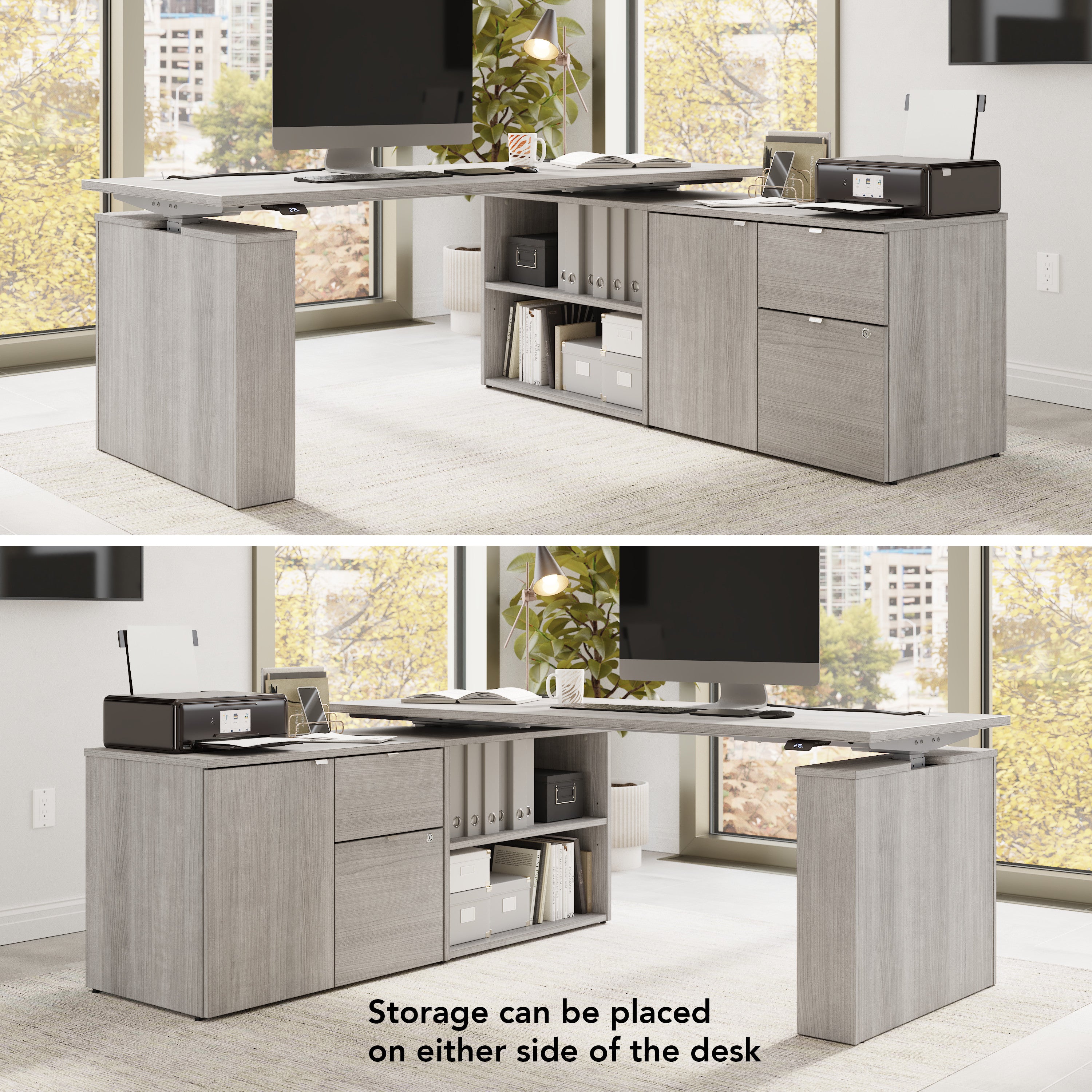 Bush Business Furniture Stratus&nbsp;60W x&nbsp;30D Electric Height Adjustable Standing Desk with Storage in Platinum Gray with Metallic Gray Base - 59.45" Width x 29.37" Depth x 27.44" Height