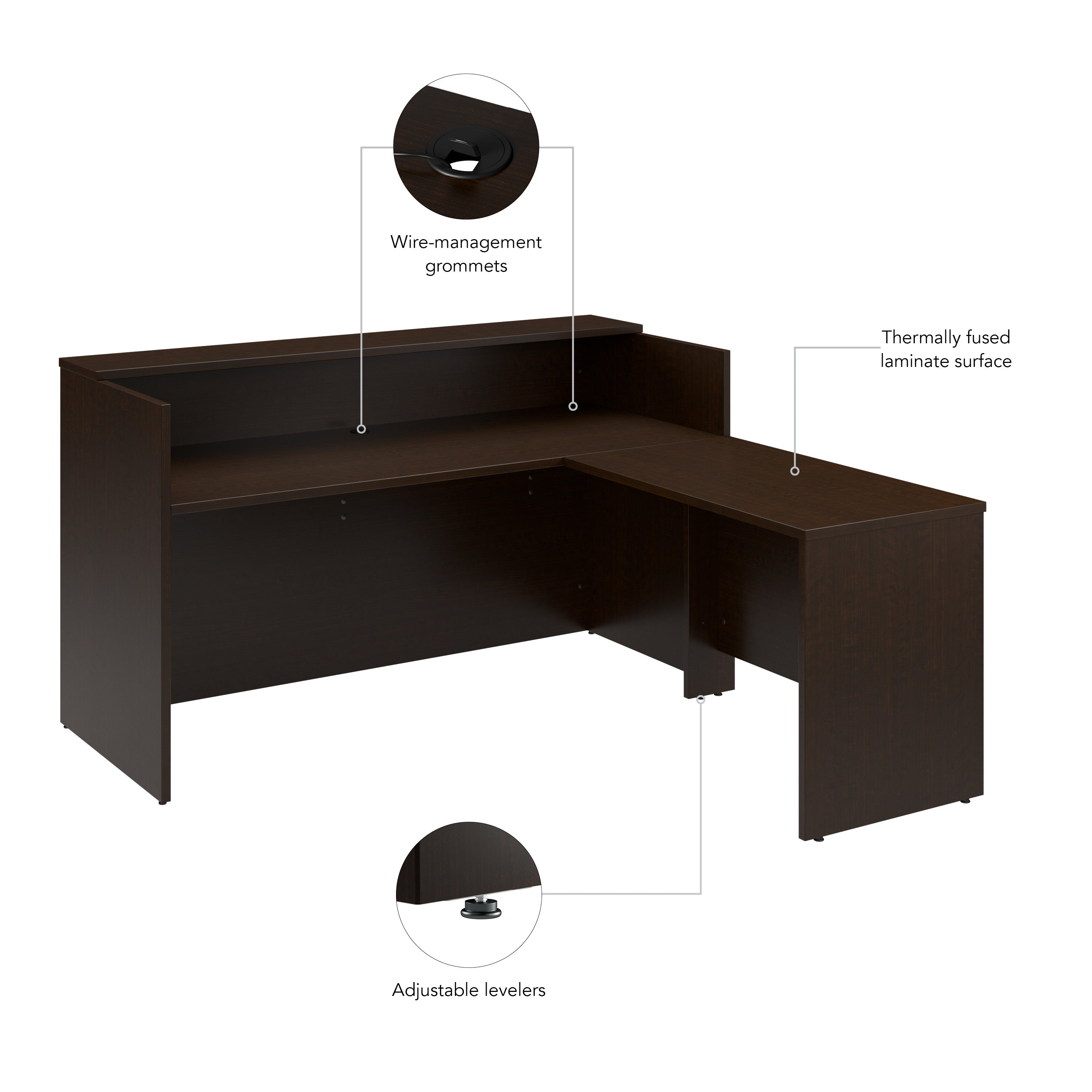 Bush Business Furniture Arrive 72W x 72D L Shaped Reception Desk with Shelf in Mocha Cherry - 71.02" Width x 71.14" Depth x 40.35" Height