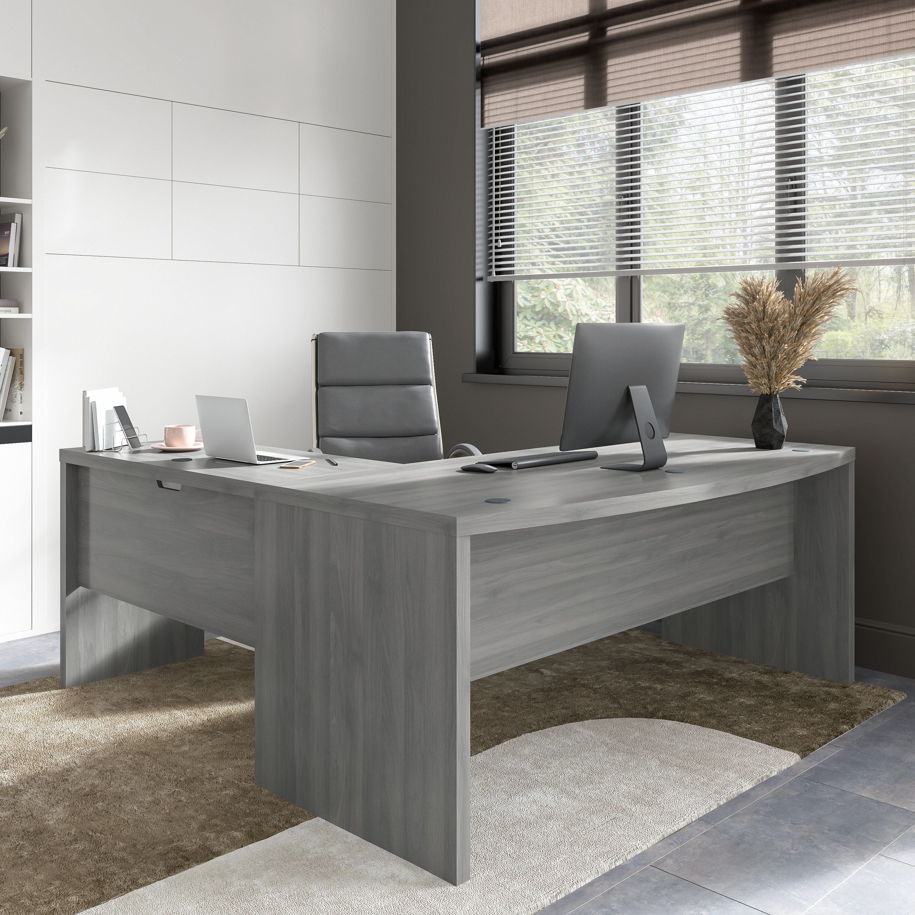 Bush Business Furniture Echo 72W Bow Front L Shaped Desk and Chair Set in Modern Gray - 71.97" Width x 77.32" Depth x 42.91" Height