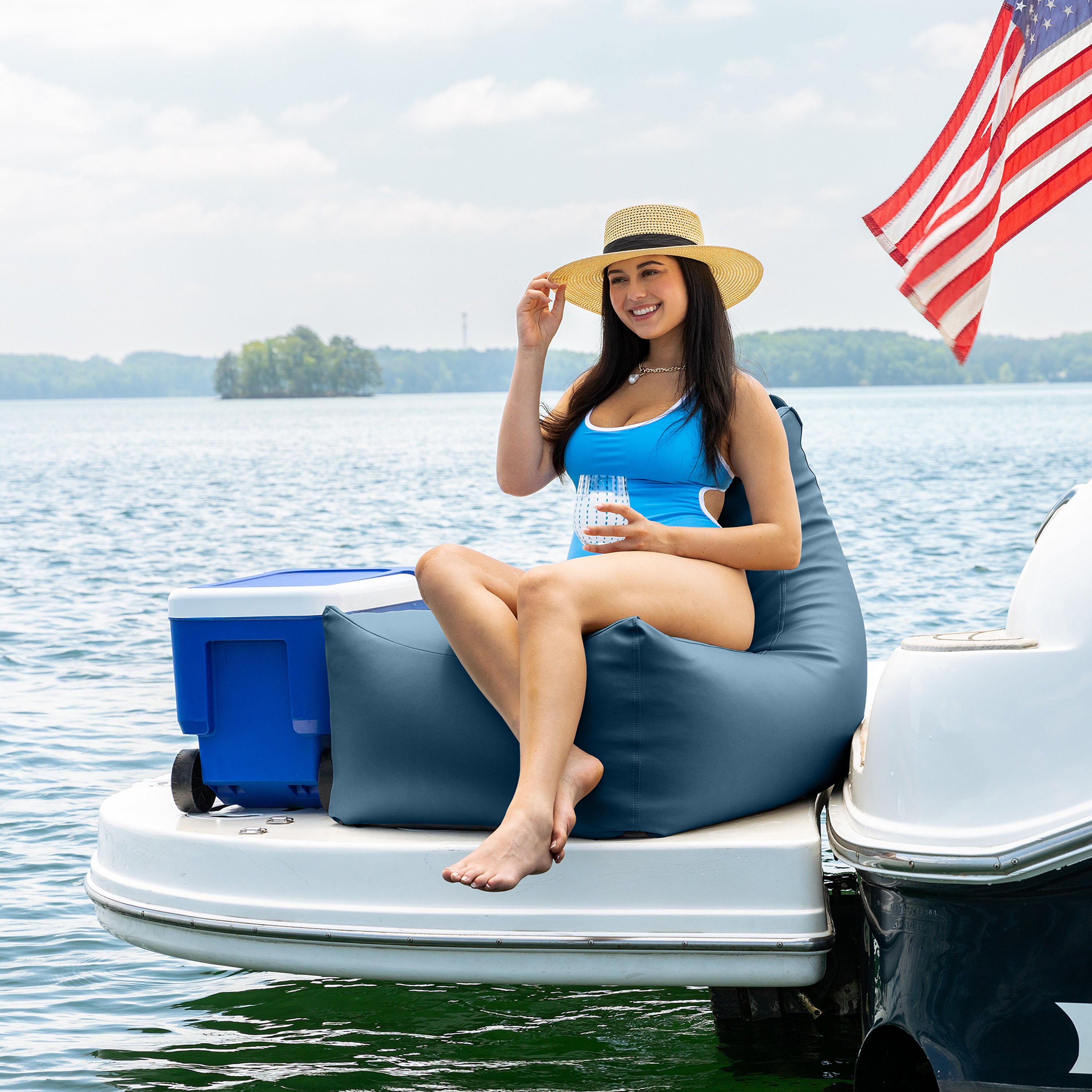 Jaxx Juniper Nautical Edition - Casual Bean Bag Seating for Boat, Yacht & Watersports - Marine Vinyl, Bay Navy Blue