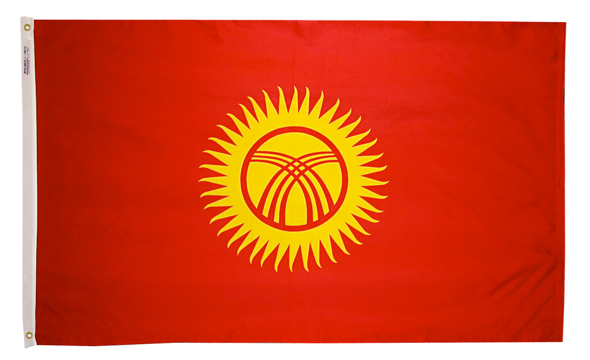Kyrgyzstan Flag 4x6 ft. Nylon SolarGuard Nyl-Glo 100% Made in USA to Official United Nations Design Specifications.