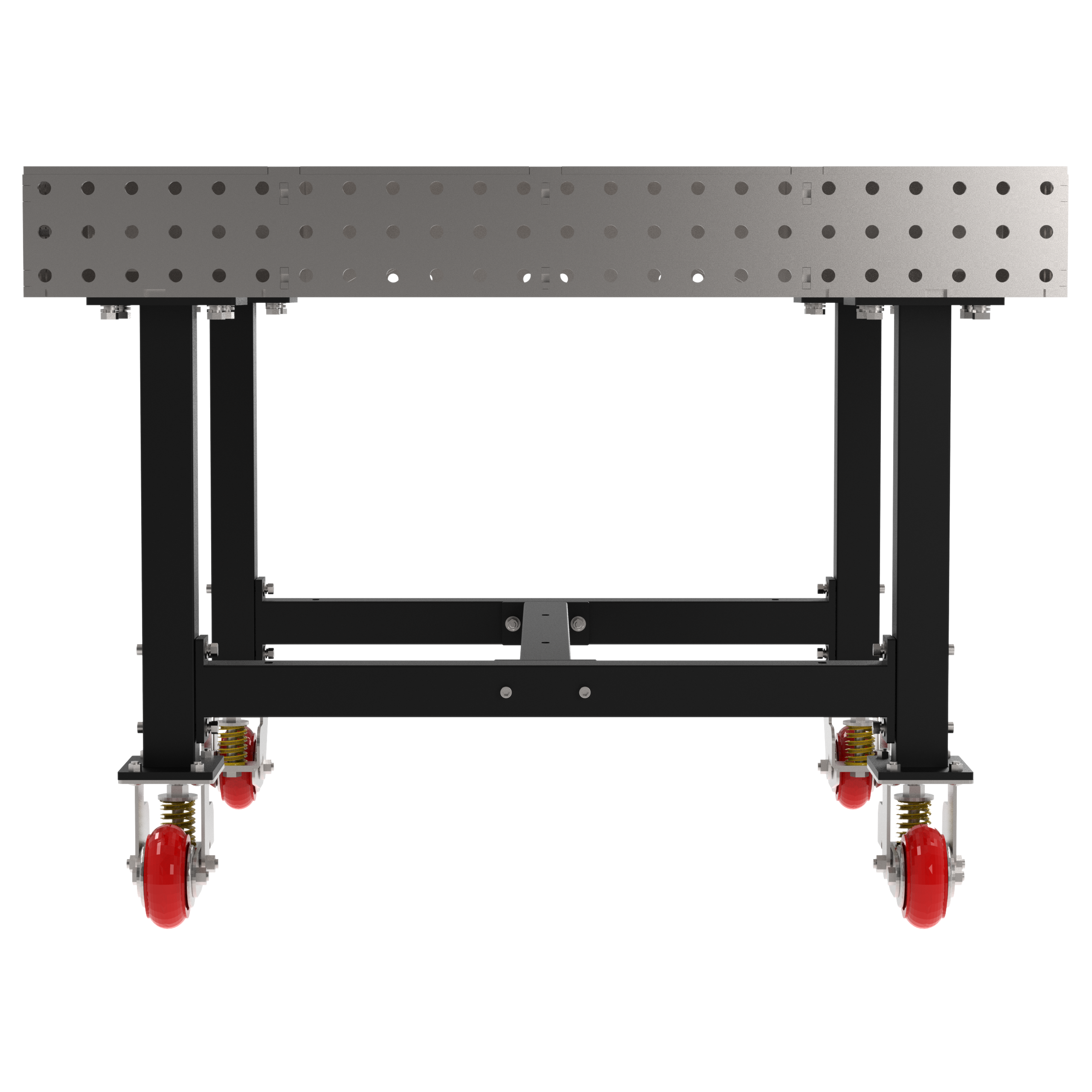 Welding Fixture Table, Fixed Height, 36"H x 48"L x 48"D, 1/4" Carbon Steel Top, Four Black  Powdercoat Legs, 4 Heavy Duty Suspension Casters (2 Locking/Swiveling Casters and 2 Non-Locking/Non-SwivelingCasters)