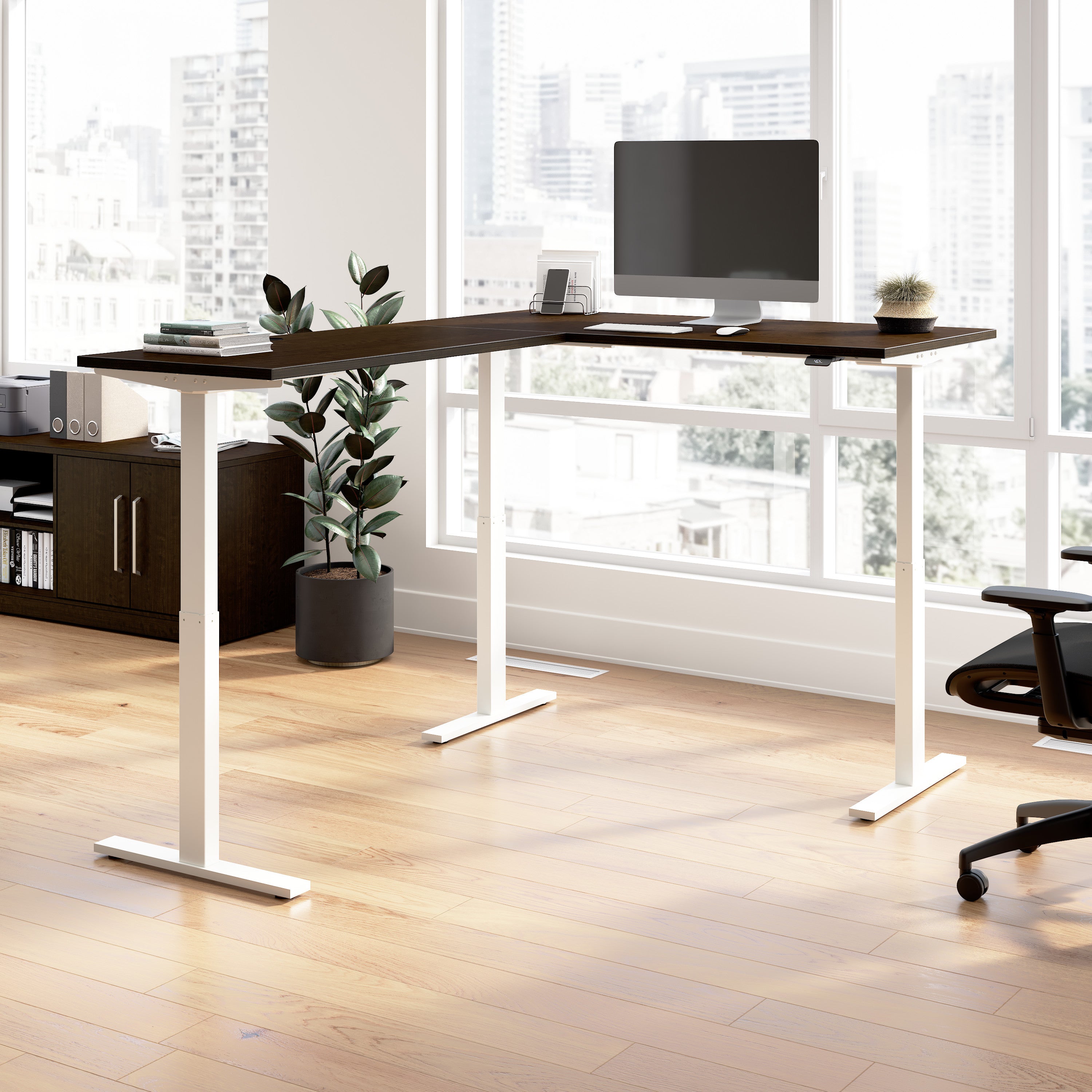 Bush Business Furniture Move 60 Series 60W Height Adjustable L Shaped Standing Desk in Mocha Cherry with White Base - 59.45" Width x 76.97" Depth x 27.44" Height