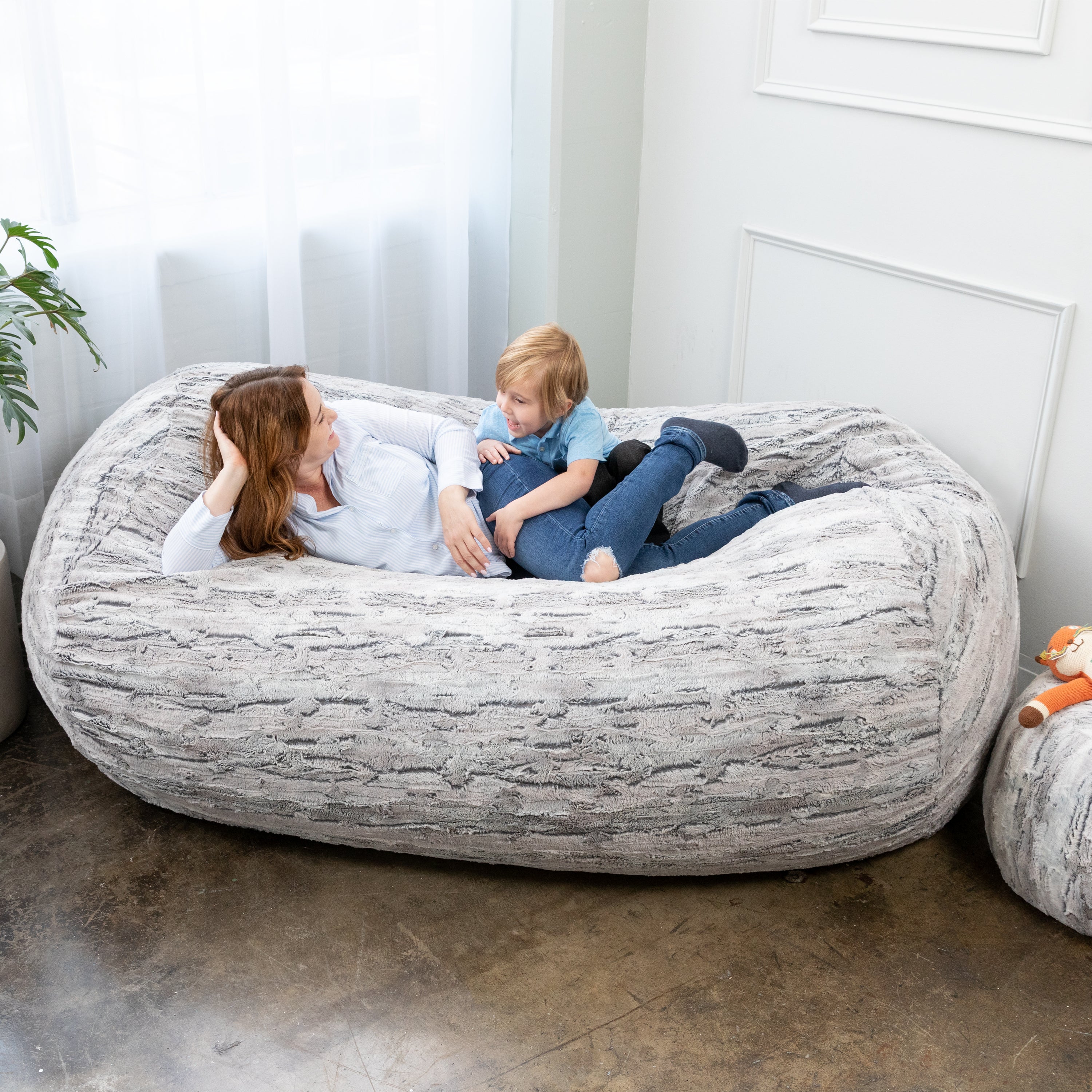 Jaxx Grand Lounger 7 Foot Bean Bag Sofa - Luxe Faux Fur, Silver Fox