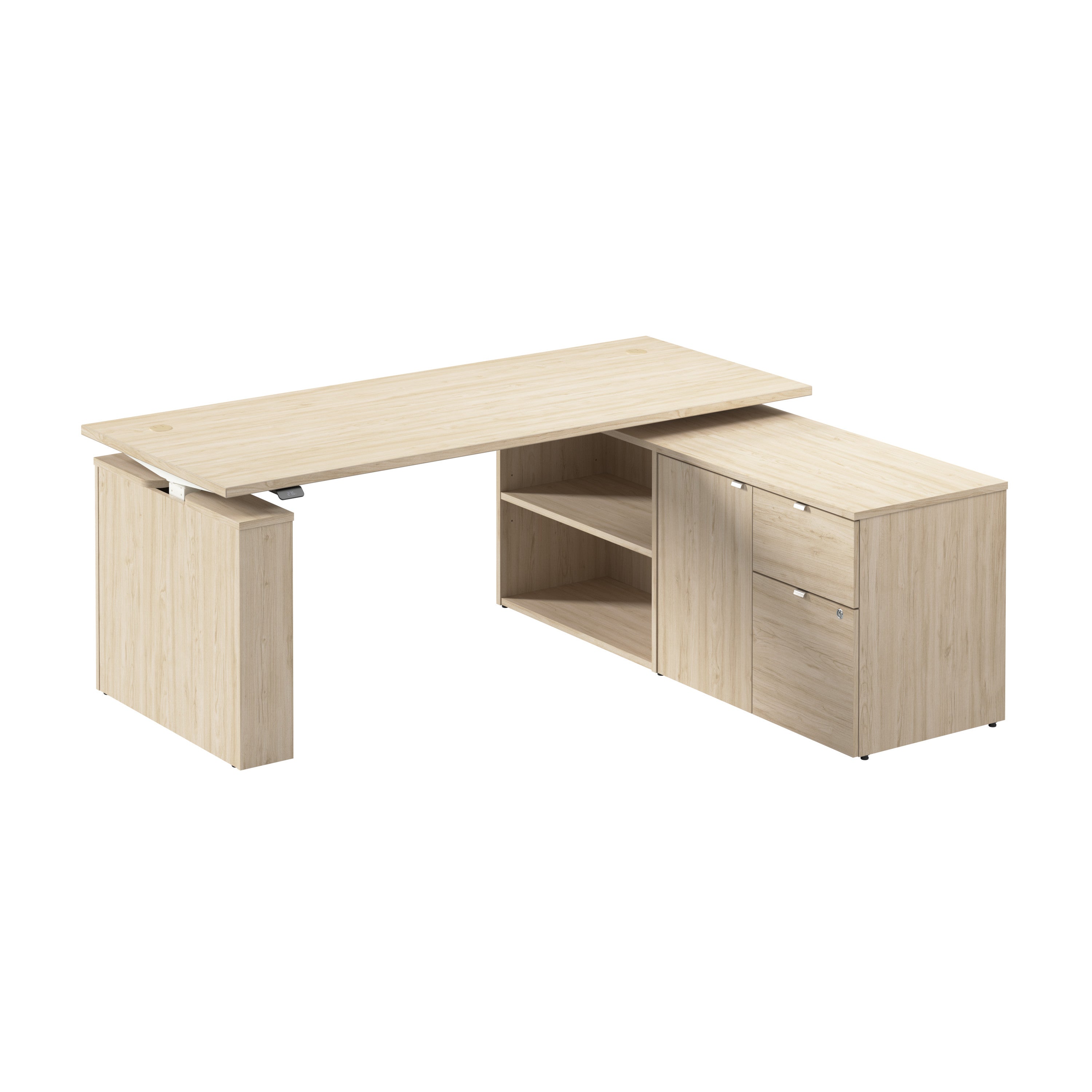 Bush Business Furniture Stratus&nbsp;72W x&nbsp;30D Electric Height Adjustable Standing Desk with Storage in Natural Elm with White Base - 71.02" Width x 29.37" Depth x 27.44" Height