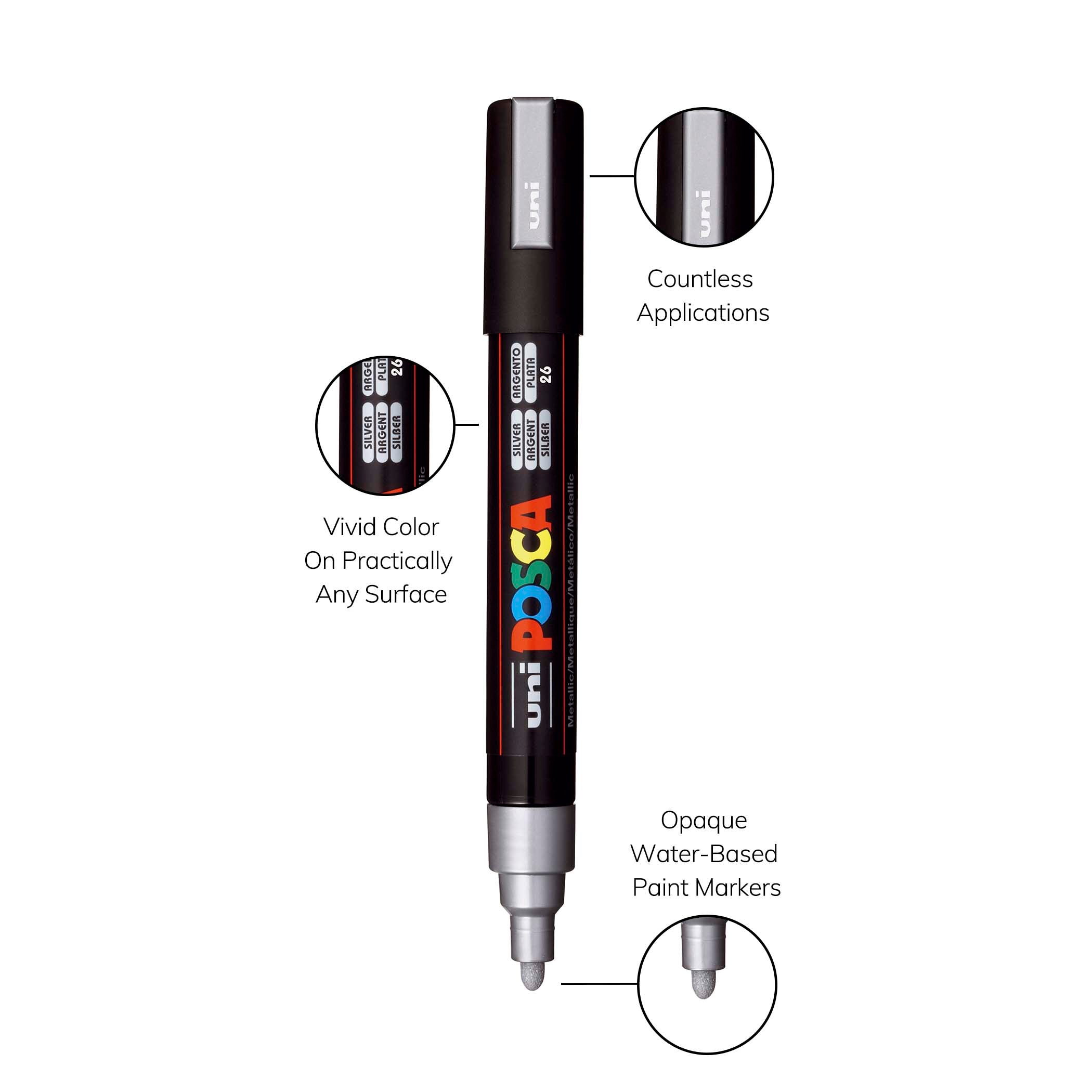 uni® POSCA PC-5M Water-Based Paint Markers, Reversible Medium Tip (1.8-2.5mm), Silver