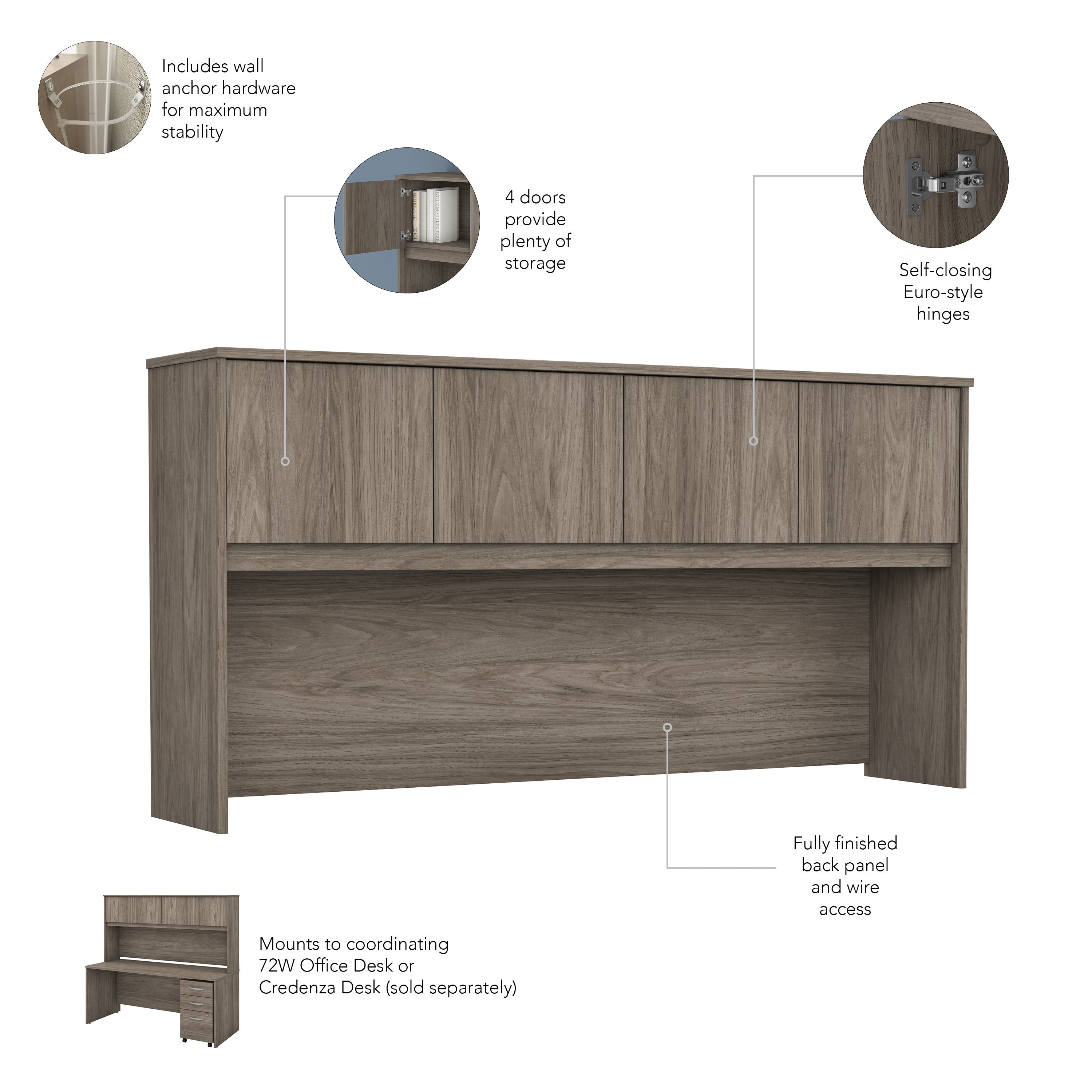 Bush Business Furniture Studio C 72W x 30D Office Desk with Hutch and Mobile File Cabinet in Modern Hickory - 71.02" Width x 29.37" Depth x 65.84" Height