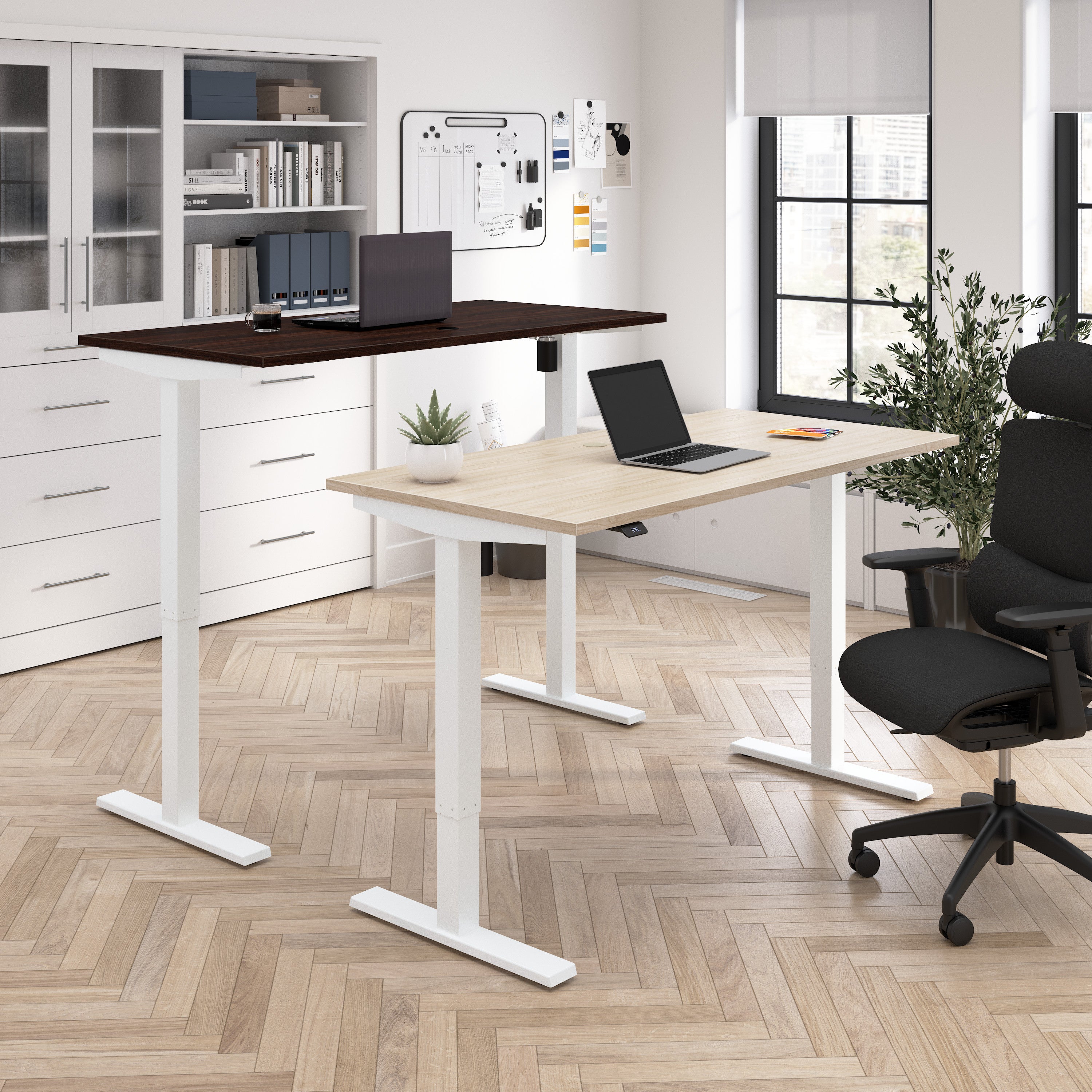 Bush Business Furniture Move 40 Series 48W x 24D Electric Height Adjustable Standing Desk in Black Walnut with White Base - 47.6" Width x 23.35" Depth x 28.17" Height